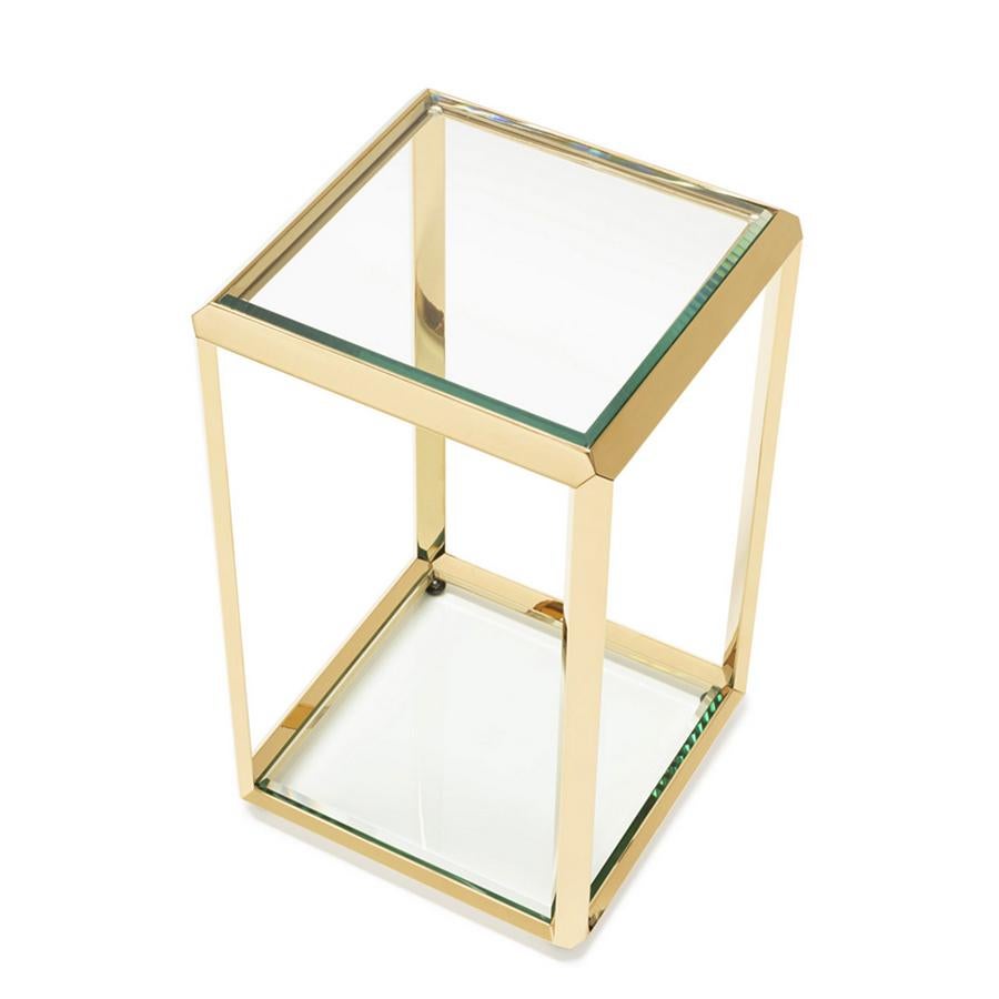 Beveled Limpia Side Table in Gold Finish or Smoked Chrome Finish For Sale