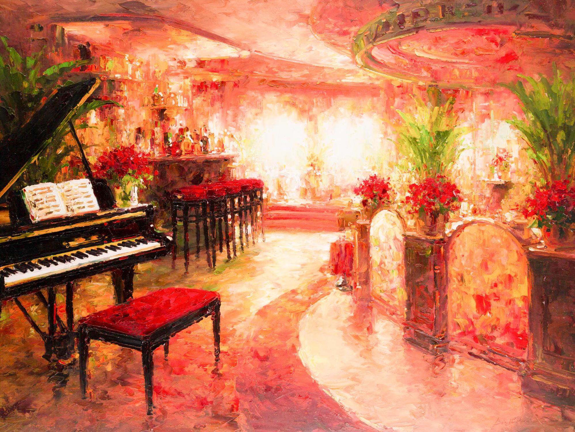  Title: Bar 2
 Medium: Oil on canvas
 Size: 47.25 x 35.75 inches
 Frame: Framing options available!
 Condition: The painting is laid on the matt board and appears to be in excellent condition.
 
 Year: 2000 Circa
 Artist: Lin Hongdan
 Signature: