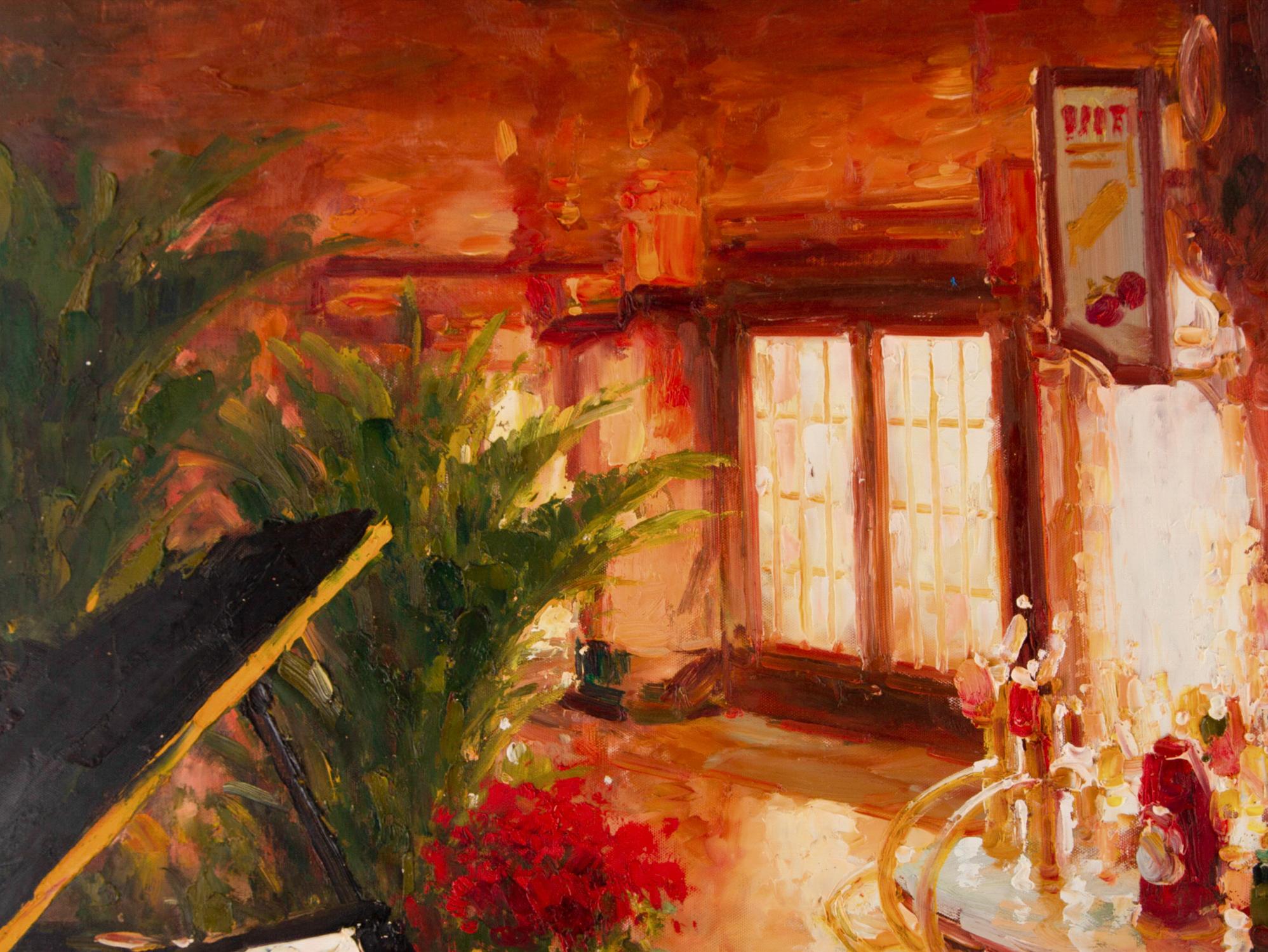 Title: Bar 4
 Medium: Oil on canvas
 Size: 35 x 35 inches
 Frame: Framing options available!
 Condition: The painting is laid on the matt board and appears to be in excellent condition.
 
 Year: 2000 Circa
 Artist: Lin Hongdan 
 Signature: