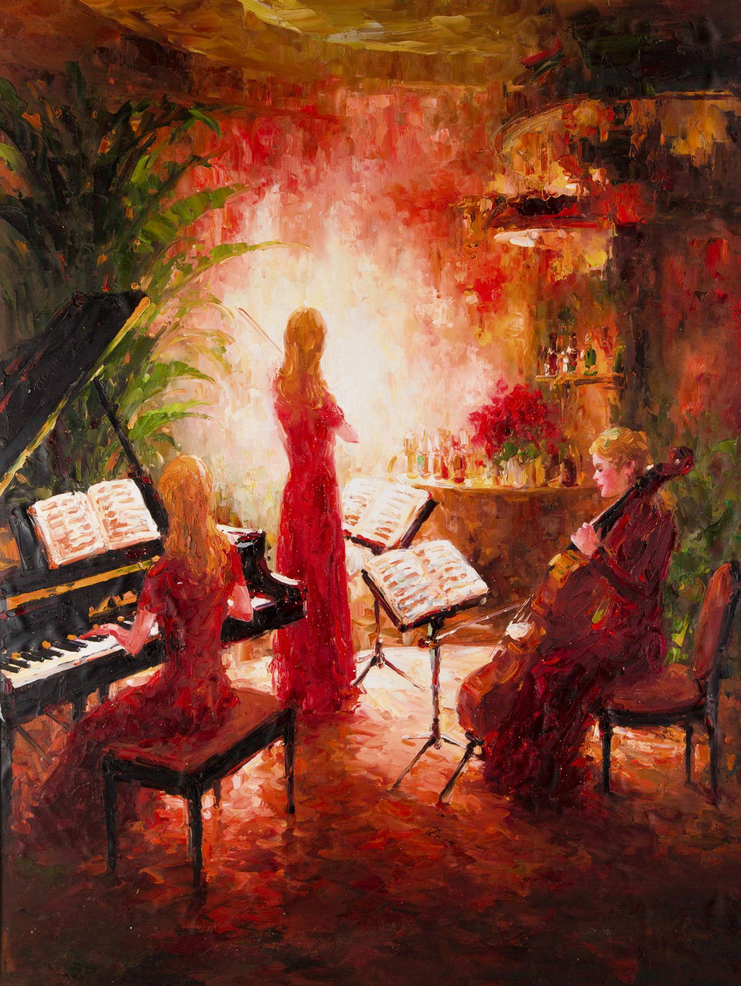  Title: Concert 2
 Medium: Oil on canvas
 Size: 39 x 30 inches
 Frame: Framing options available!
 Condition: The painting is laid on the matt board and appears to be in excellent condition.
 
 Year: 2000 Circa
 Artist: Lin Hongdan
 Signature: