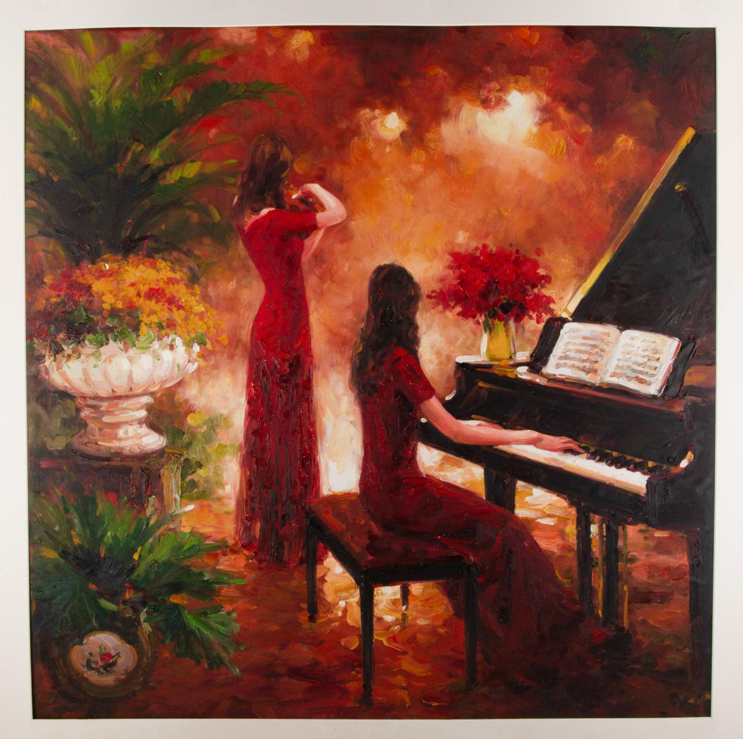Title: Performance 2
Medium: Oil on canvas
Size: 35 x 35 inches
Frame: Framing options available!
Condition: The painting appears to be in excellent condition.

Year: 2000 Circa
Artist: Lin Hongdan
Signature: Unsigned
Signature Location: