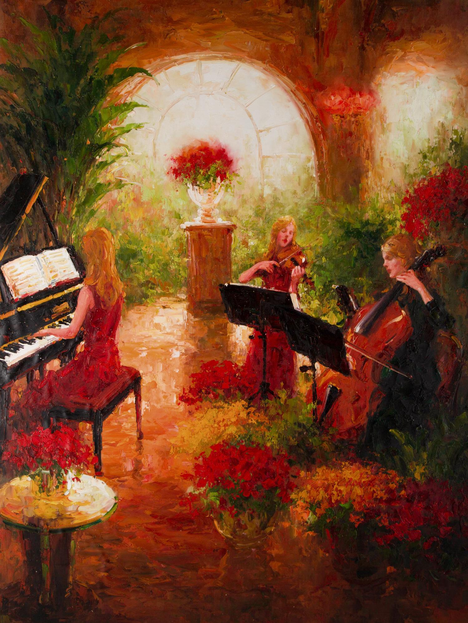 Title: Performance
Medium: Oil on canvas
Size: 39 x 30 inches
Frame: Framing options available!
Condition: The painting appears to be in excellent condition.

Year: 2000 Circa
Artist: Lin Hongdan
Signature: Unsigned
Signature Location: