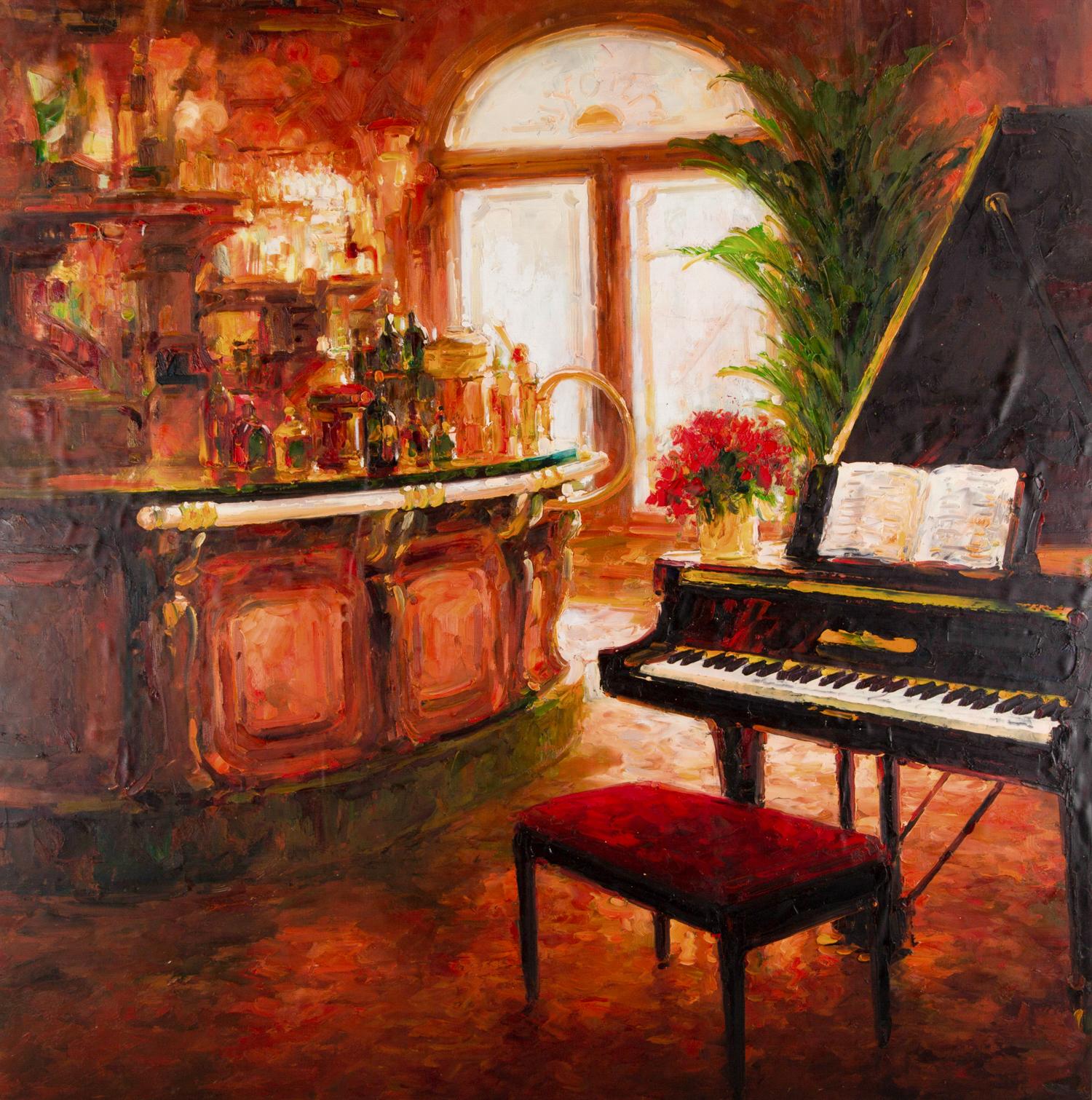  Title: Bar 3
 Medium: Oil on canvas
 Size: 36 x 36 inches
 Frame: Framing options available!
 Condition: The painting is laid on the matt board and appears to be in excellent condition.
 
 Year: 2000 Circa
 Artist: Lin Hongdan 
 Signature:
