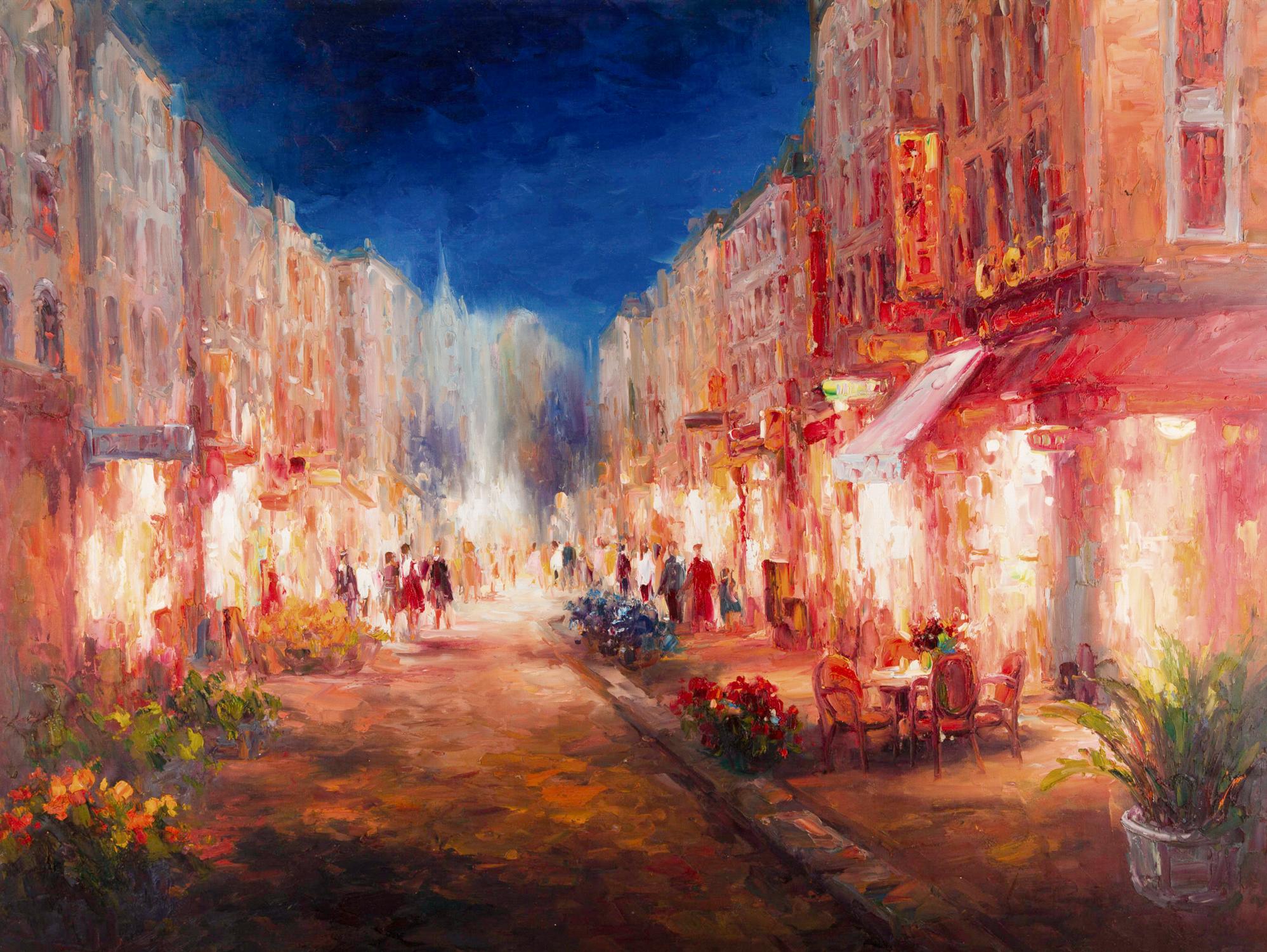  Title: Night 3
 Medium: Oil on canvas
 Size: 39 x 30 inches
 Frame: Framing options available!
 Condition: The painting is laid on the matt board and appears to be in excellent condition.
 
 Year: 2000 Circa
 Artist: Lin Hongdan 
 Signature: