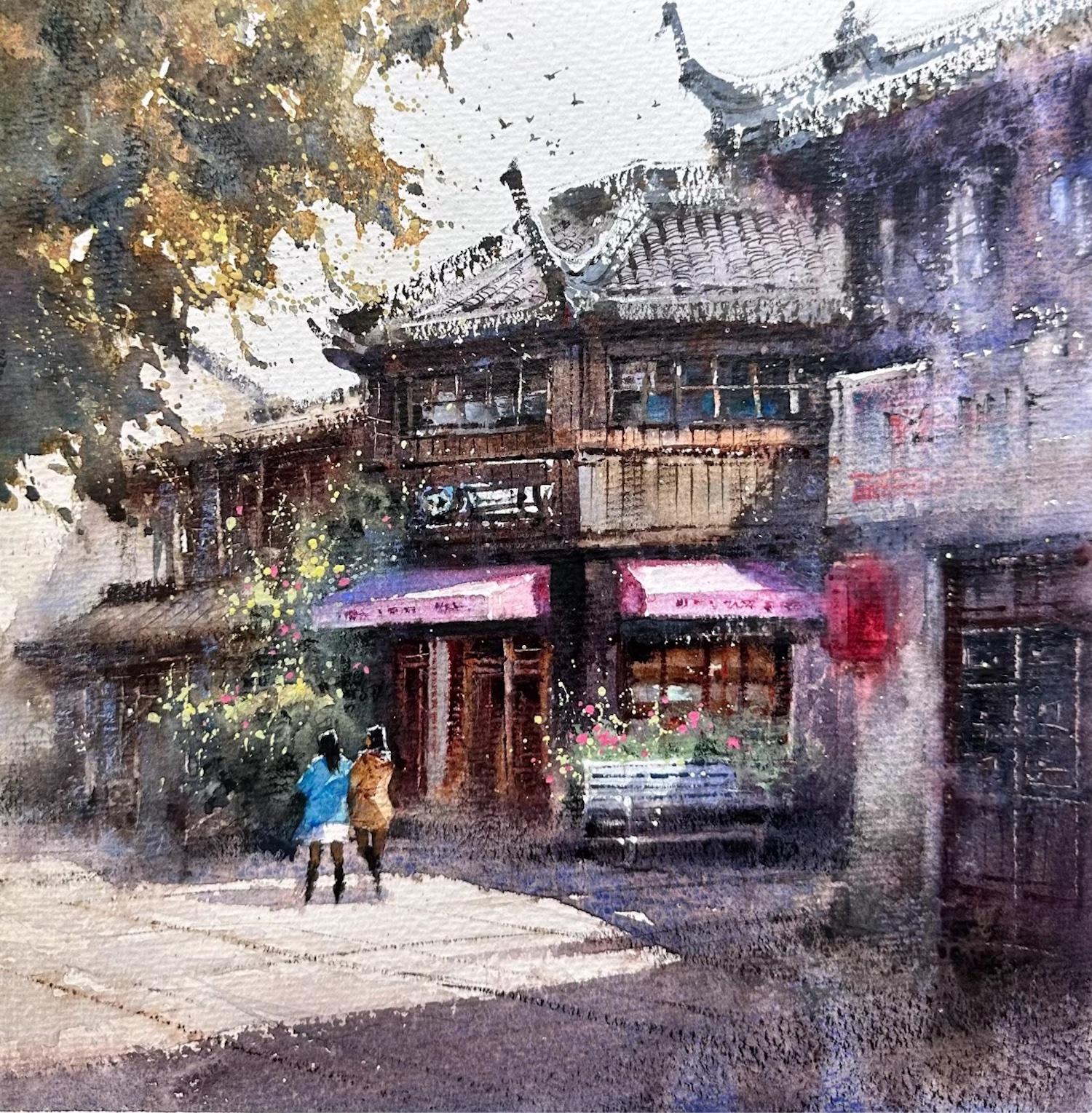 Ancient Town Cityscape Watercolor Original Painting on Paper