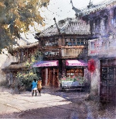 Ancient Town Cityscape Watercolor Original Painting on Paper