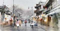 Bustling Ancient Town Cityscape Watercolor Original Painting on Paper