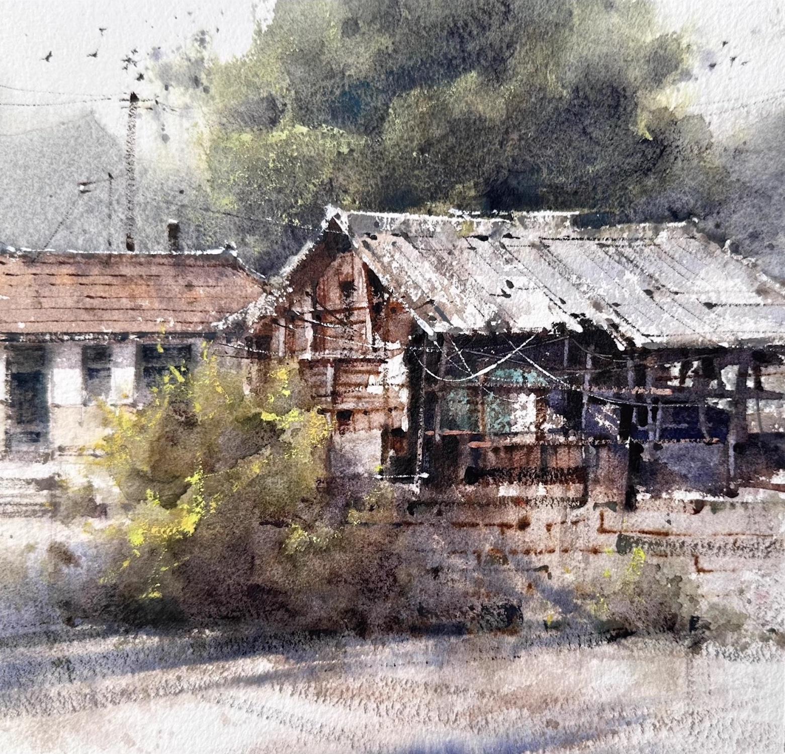 Lin Qingyi Landscape Painting - Childhood Home Cityscape Watercolor Original Painting on Paper