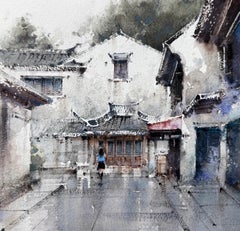 Courtyard Landscape Watercolor Original Painting on Paper