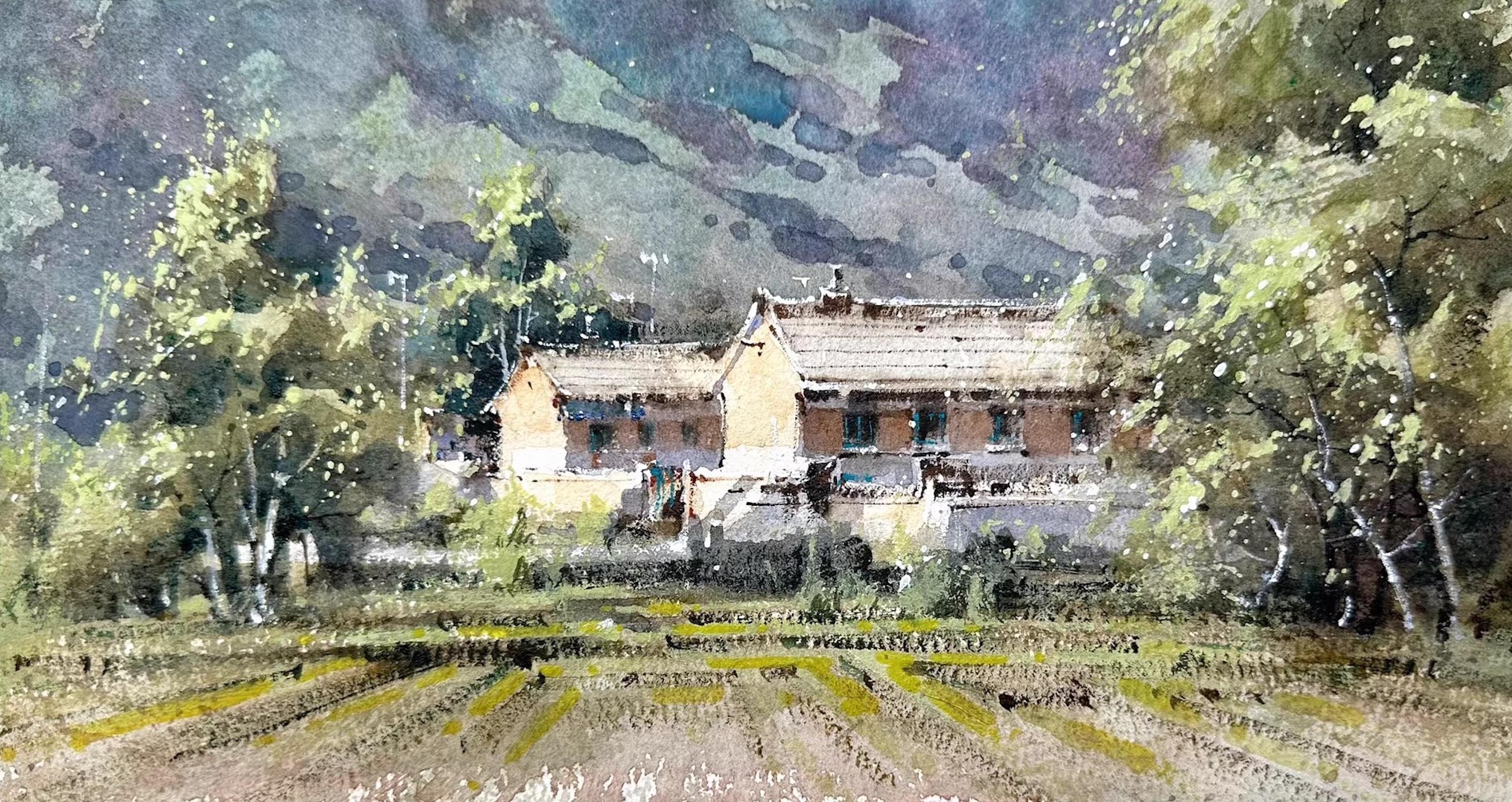 Lin Qingyi Landscape Painting – Felder Landschaft Aquarell Originalgemälde auf Papier