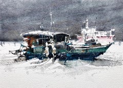 Fishing Boat Nautical Watercolor Original Painting on Paper