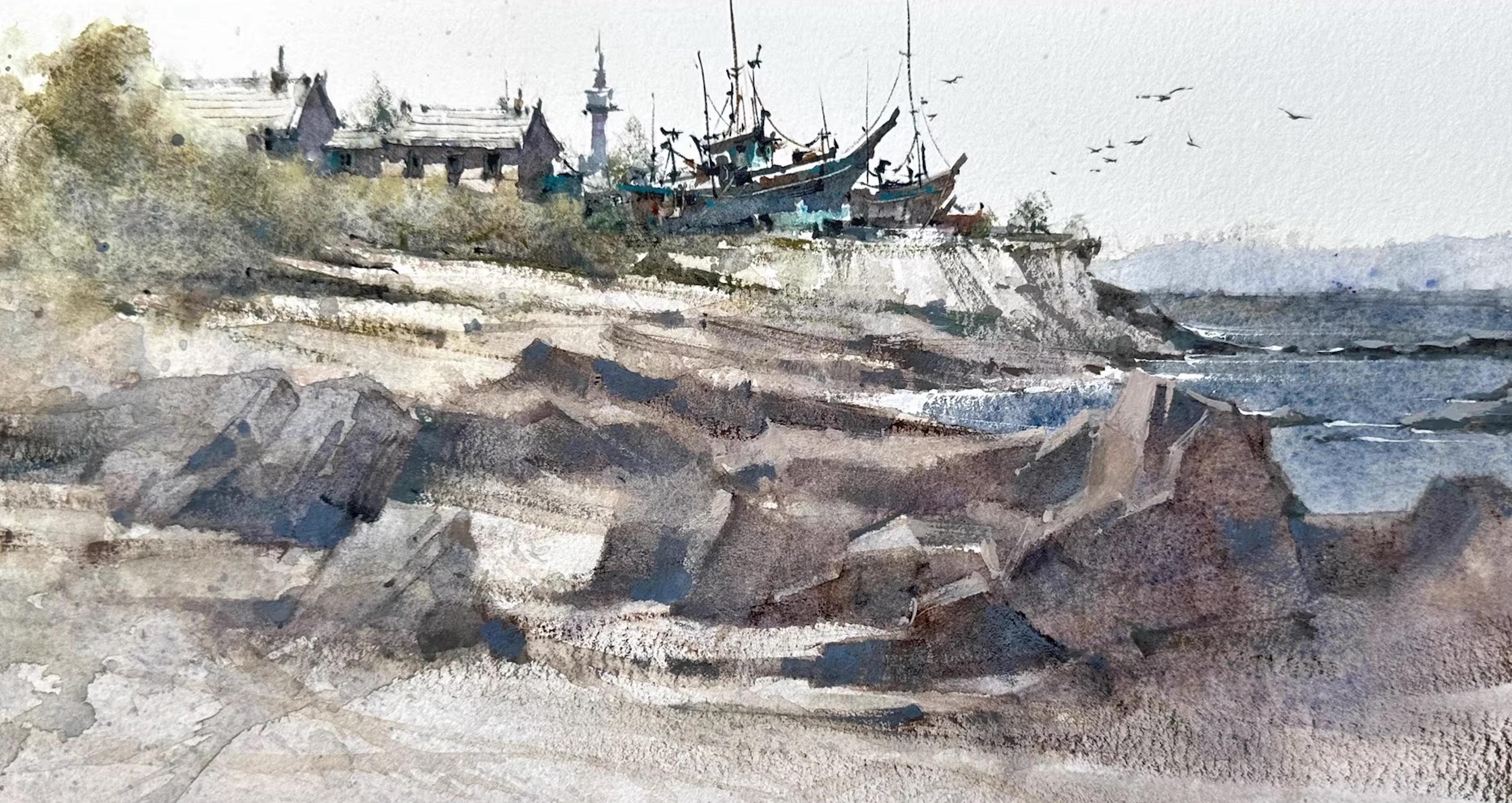 Lin Qingyi Landscape Painting - Fishing Port Nautical Watercolor Original Painting on Paper