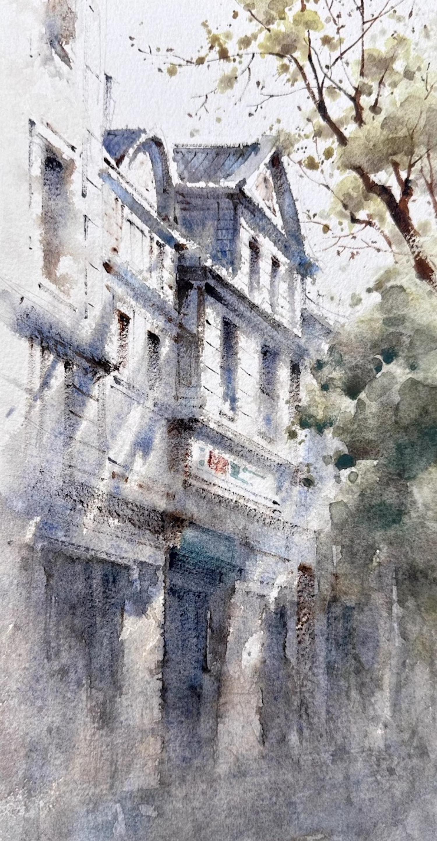 Licht und Schatten Stadtbild Aquarell Original-Gemälde auf Papier