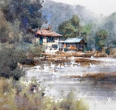 Paysage en dialecte local Aquarelle Peinture originale sur papier