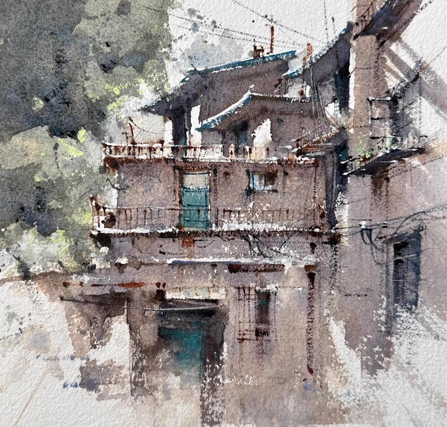 Pastorale Szene Stadtlandschaft Aquarell Originalgemälde auf Papier