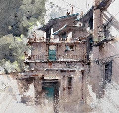 Pastoral Scene Cityscape Watercolor Original Painting on Paper