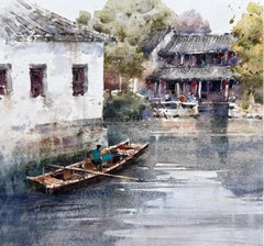 Riverside Town Landscape Watercolor Original Painting on Paper