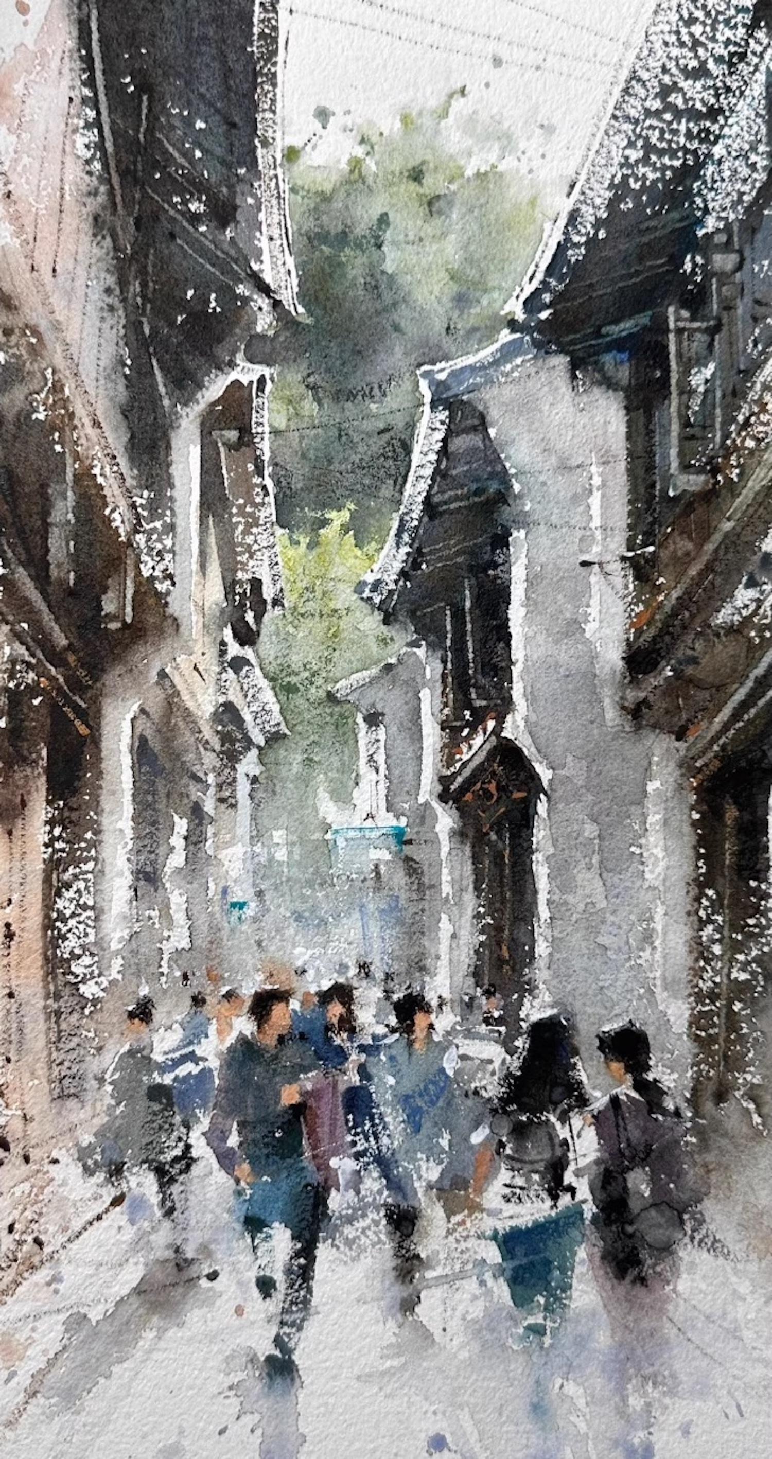 Lin Qingyi Landscape Painting – Skizze in Wuzhen Stadt Aquarell Original-Gemälde auf Papier