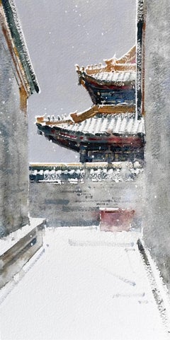 Schneelandschaft Stadtlandschaft Aquarell Original-Gemälde auf Papier