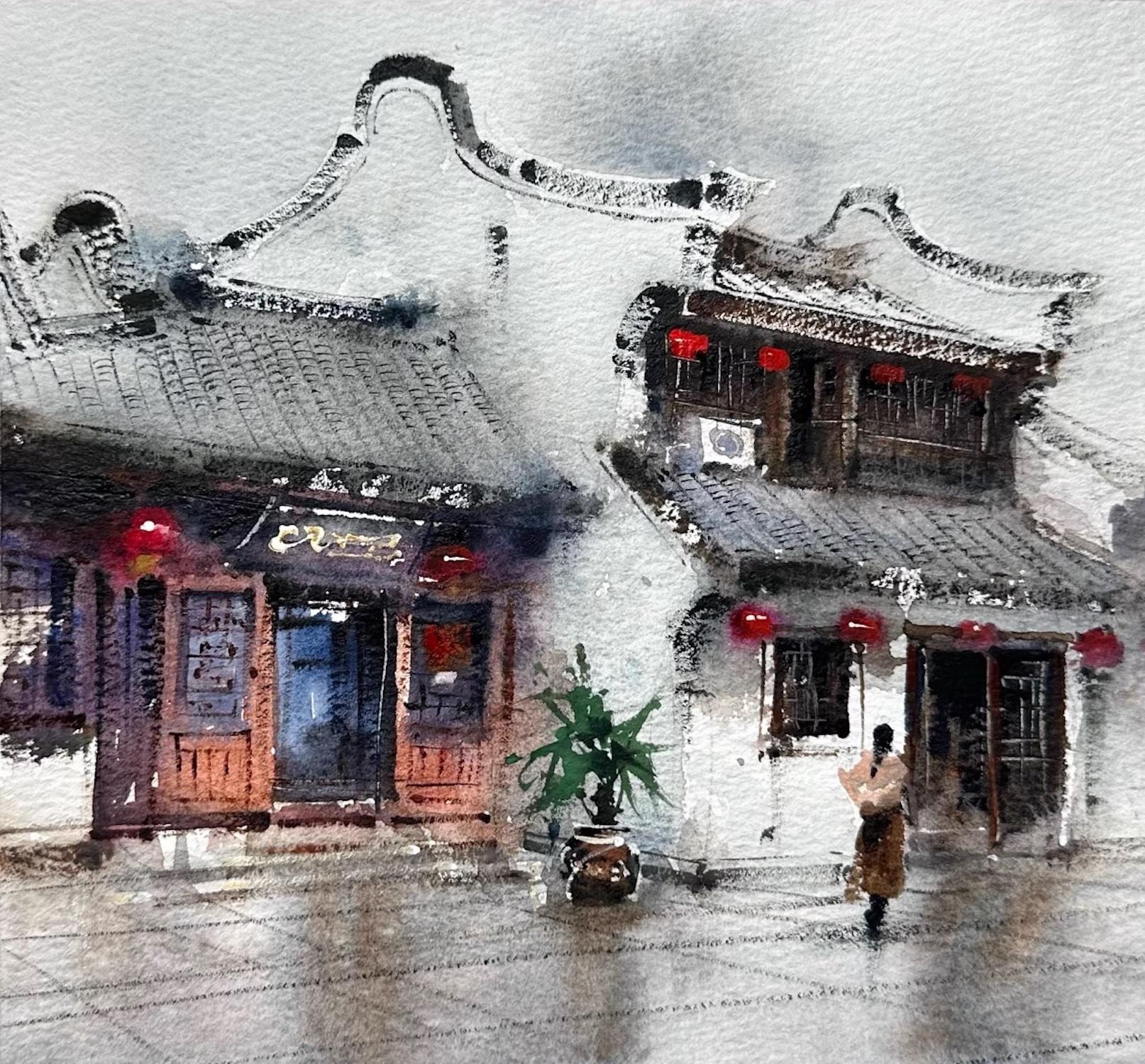 Südliche Anhui-Stadtszene Aquarell Original-Gemälde auf Papier