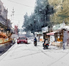 Scena di strada di città Acquerello Pittura originale su carta