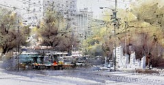Straßenszene Stadtbild Aquarell Originalgemälde auf Papier