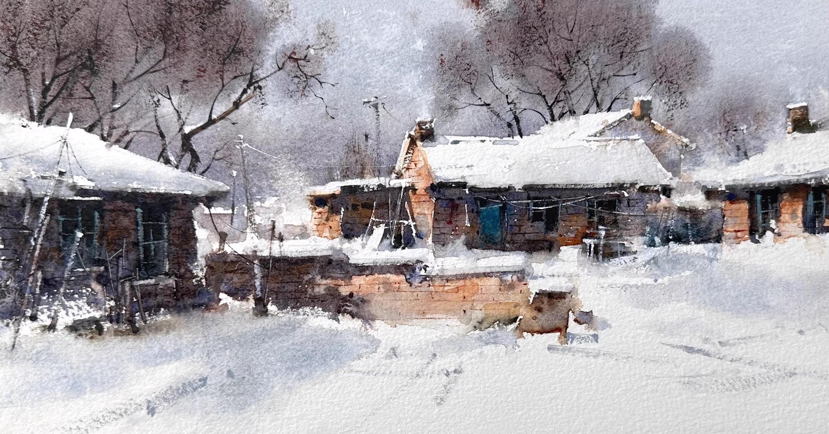 Die Jahreszeit des ersten Schnees Aquarell Original-Gemälde auf Papier