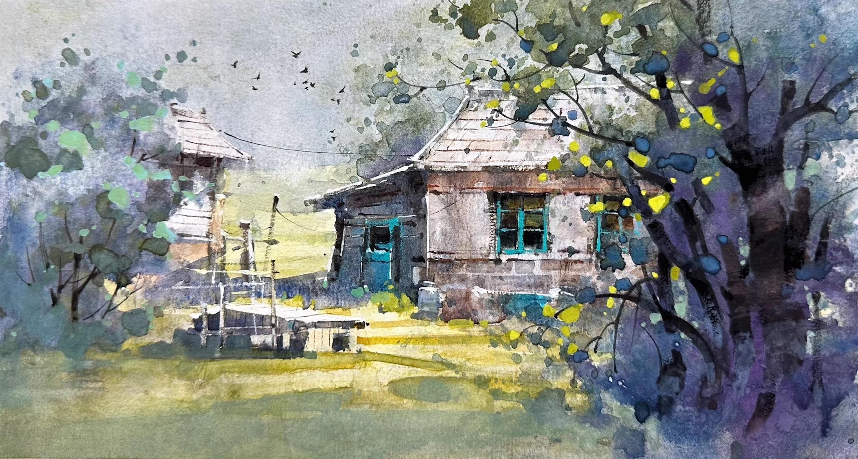 Der Klang der Heimat Landschaft Aquarell Original-Gemälde auf Papier