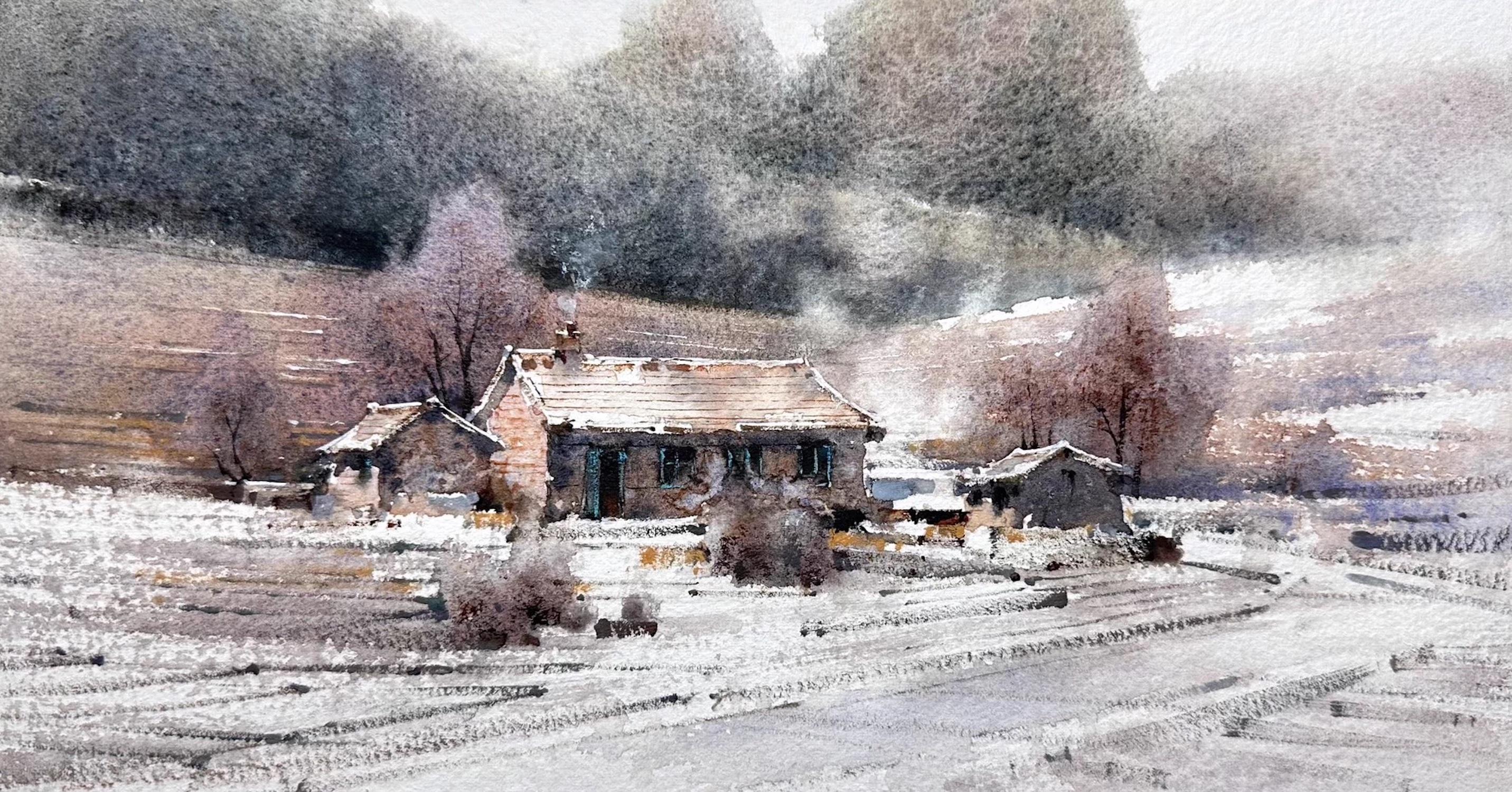 Lin Qingyi Landscape Painting – Winterlandschaft Aquarell Originalgemälde auf Papier