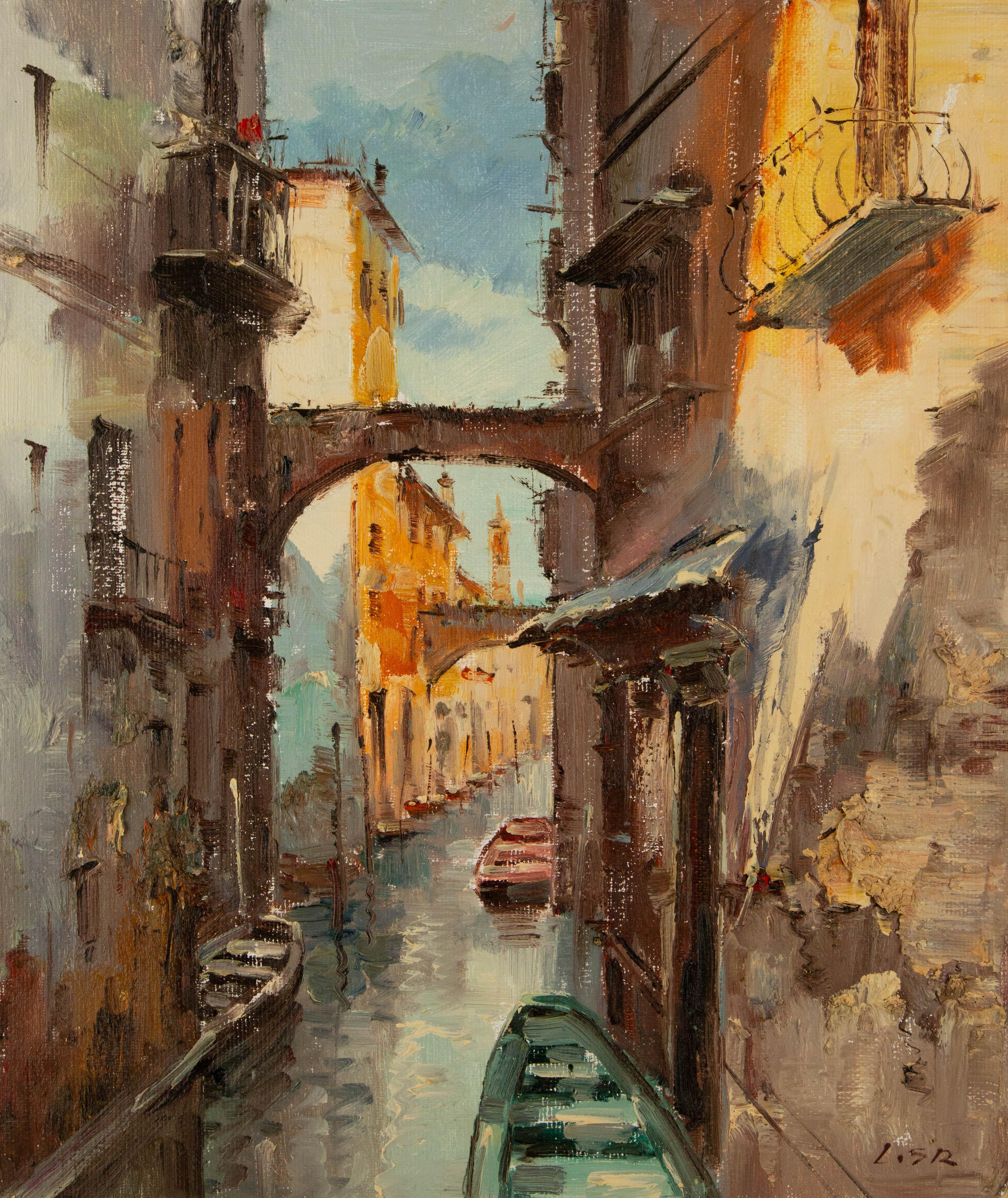  Title: Venice Impression IV
 Medium: Oil on canvas
 Size: 23 x 20 inches
 Frame: Framing options available!
 Condition: The painting appears to be in excellent condition.
 Note: This painting is unstretched
 Year: 2000 Circa
 Artist: Lin Shurong
