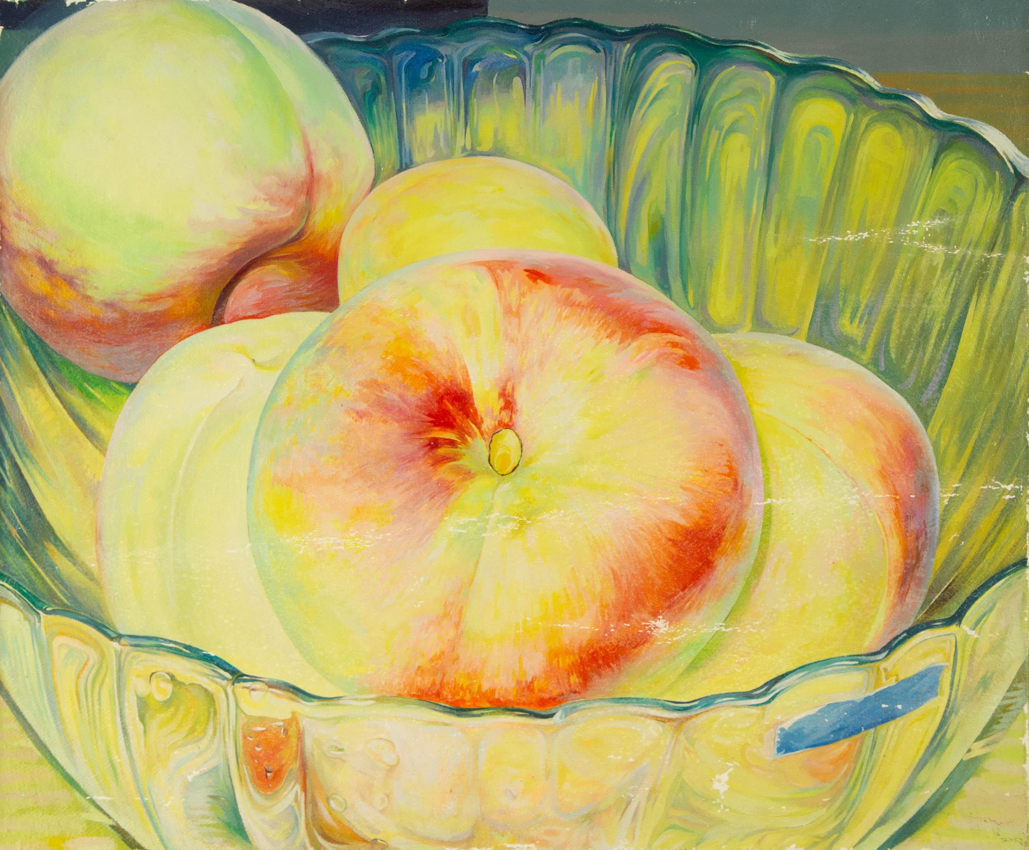  Title: Peaches
 Medium: Oil on canvas
 Size: 14.5 x 17.75 inches
 Frame: Framing options available!
 Condition: The painting appears to be in excellent condition.
 Note: This painting is unstretched, shipped rolled unless stretching/framing is