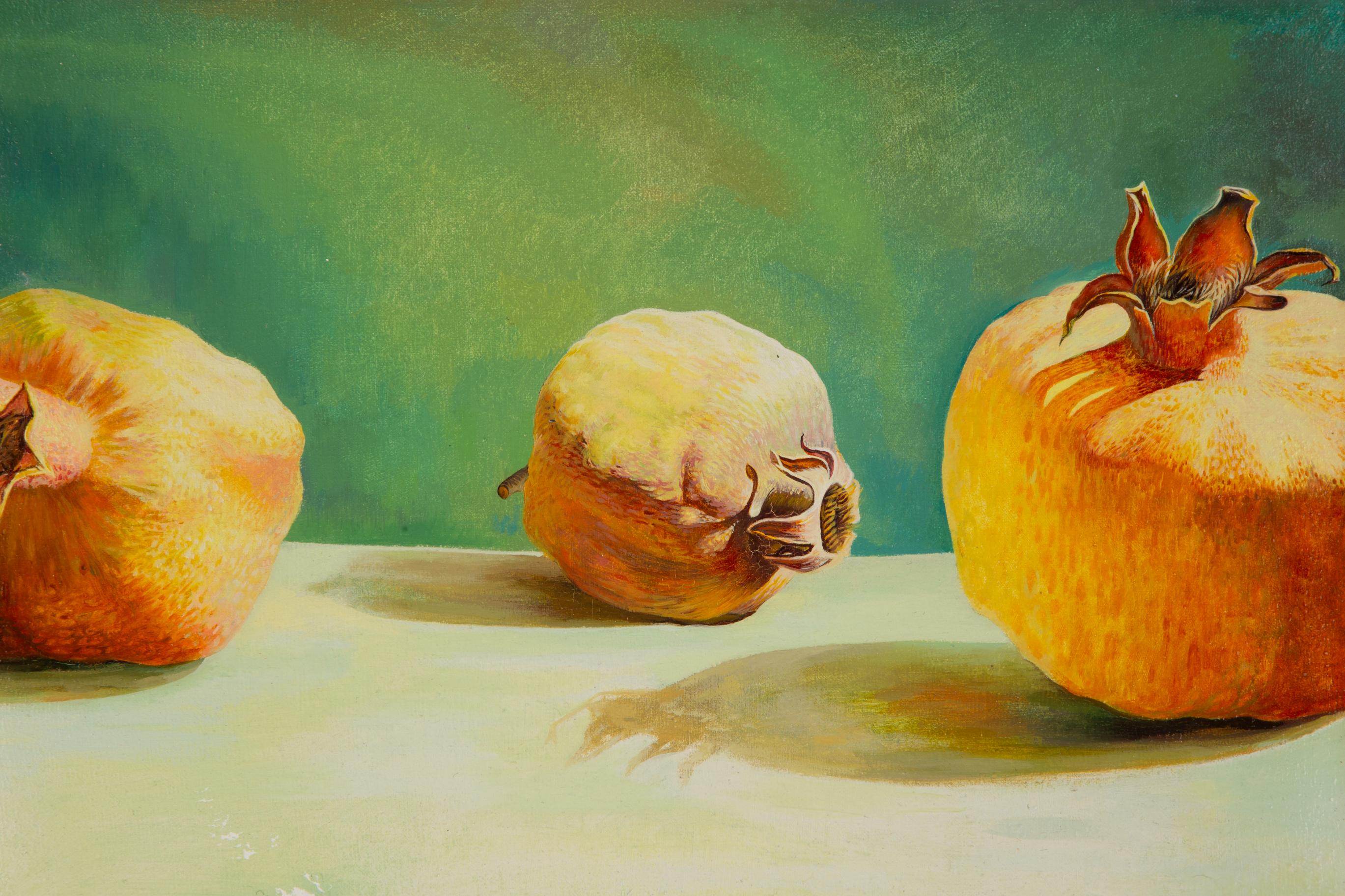 Title: Three Pomegranates
Medium: Oil on canvas
Size: 12 x 16 inches
Frame: Framing options available!
Condition: The painting appears to be in excellent condition.
Note: This painting is unstretched
Year: 2000 Circa
Artist: Lin Xu
Signature: