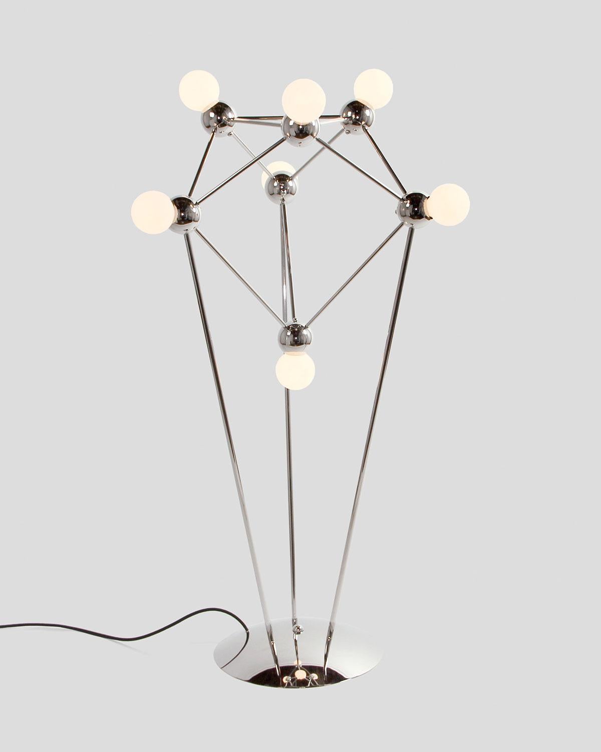 Inspired by 1960s Italian lighting, Lina is an all-brass lighting system designed to create airy geometric fixtures with minimal fasteners. Each shape uses a unique set of spherical hubs, while sizes are determined by round rods used interchangeably
