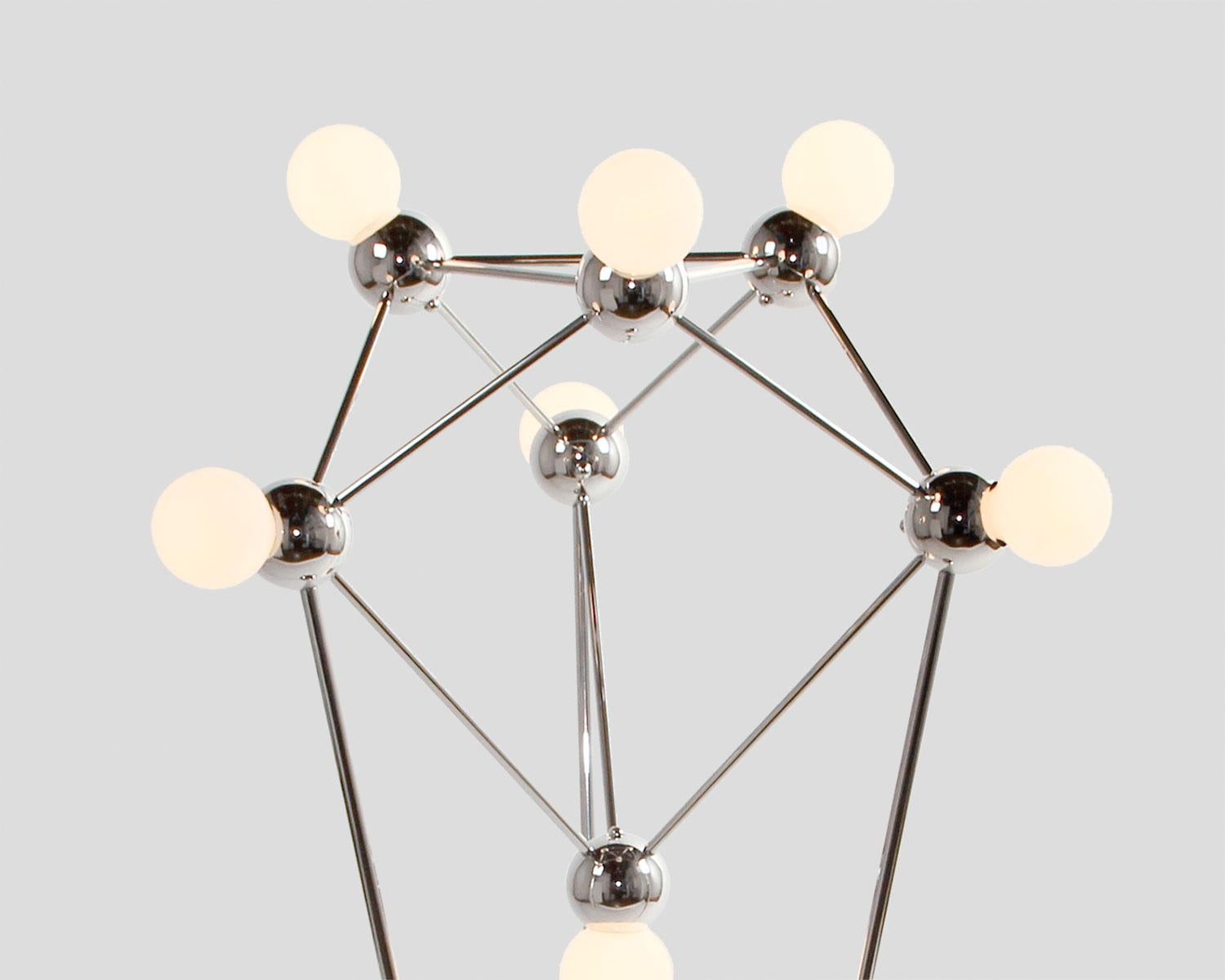 Lina 07-Light Floor Lamp, Modern Minimal Atomic Space-Frame, Polished Nickel In New Condition In Brooklyn, NY