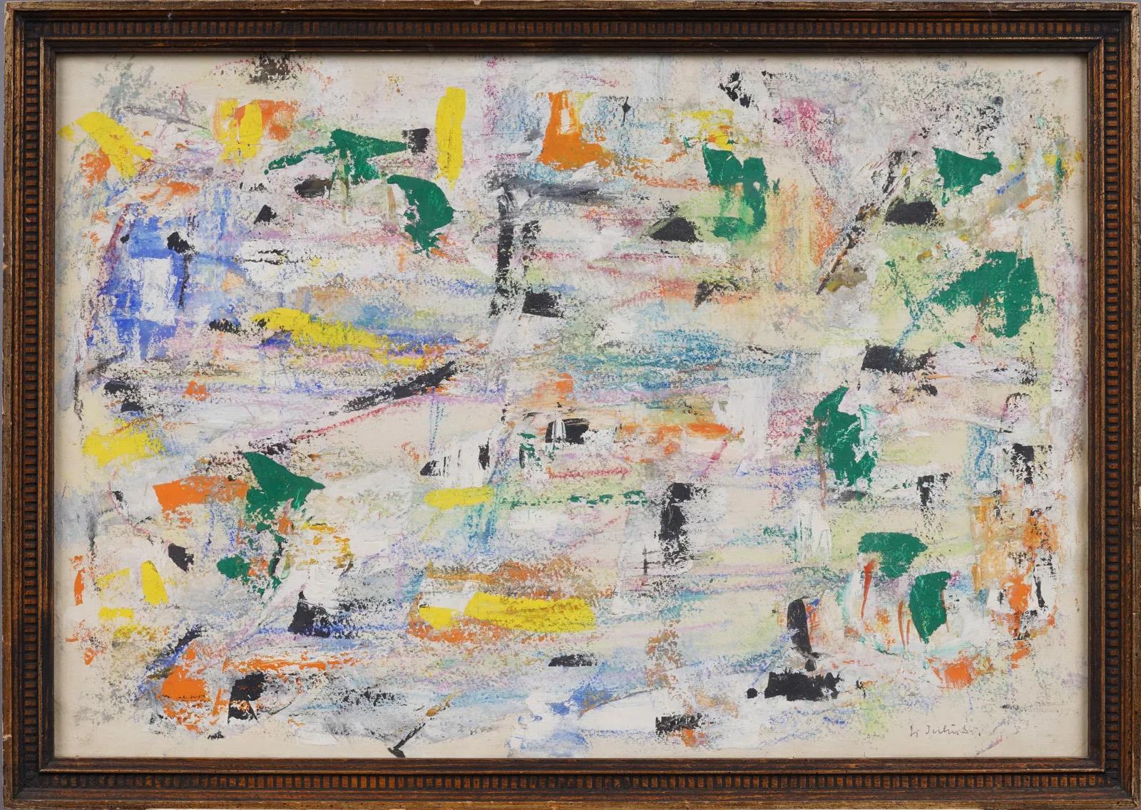 Subtle and well painted American modernist abstract oil painting.  Framed.  Oil on board.  Signed.  Image size, 15H by 22L.