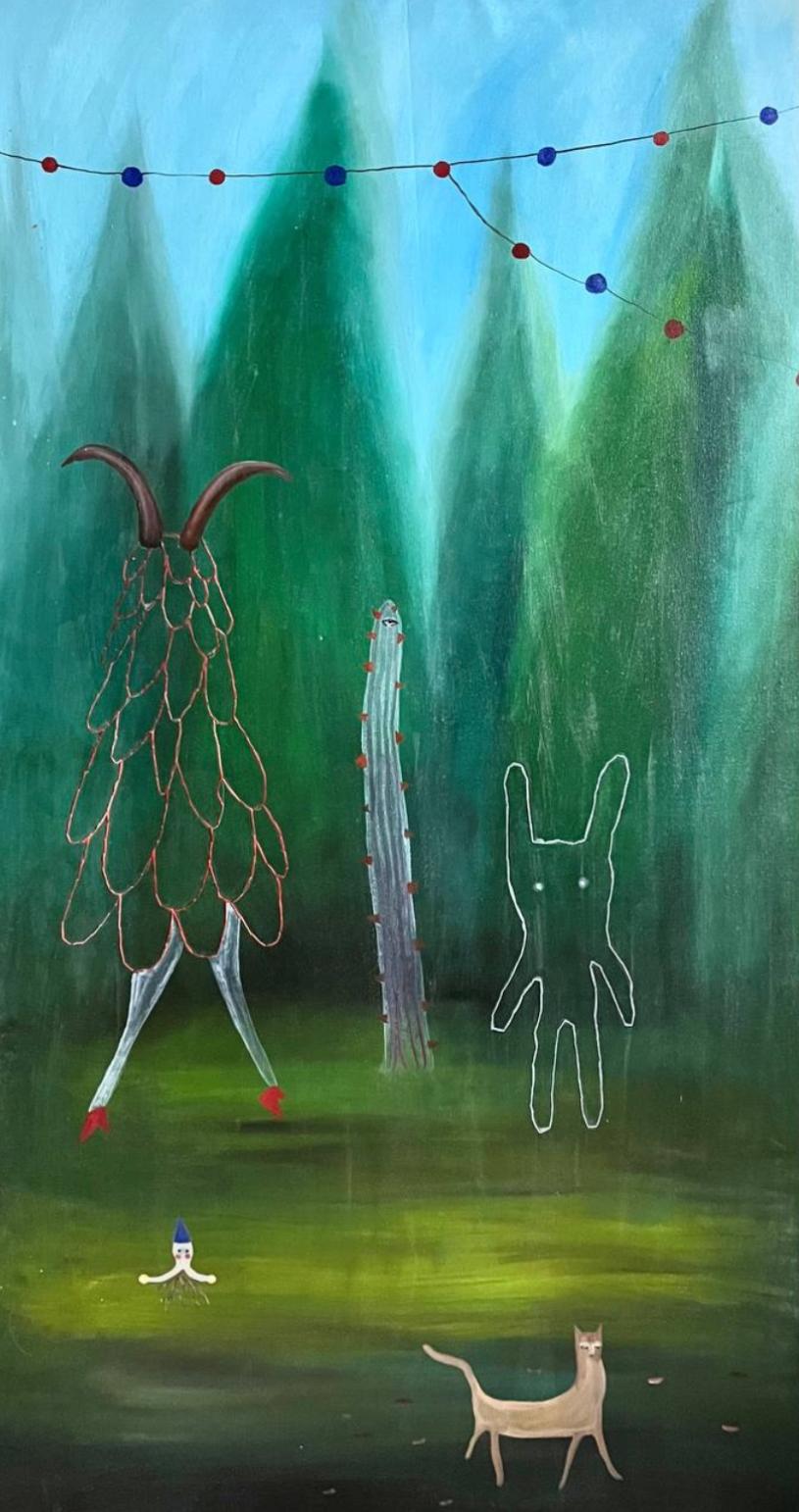 Forest history,  150x80 cm, canvas, oil, embroidery - Art by Lina Kordyuchenko