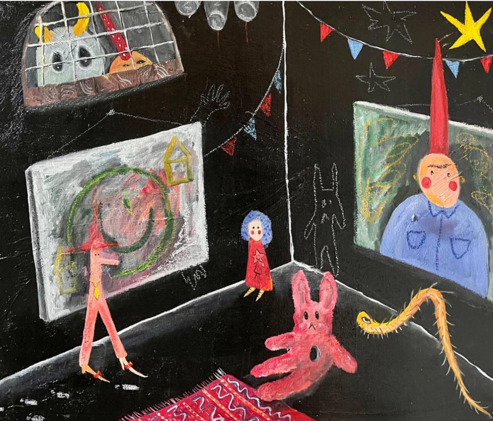 Linas Ausstellung, 60x50cm, Leinwand, Öl, Mischtechnik