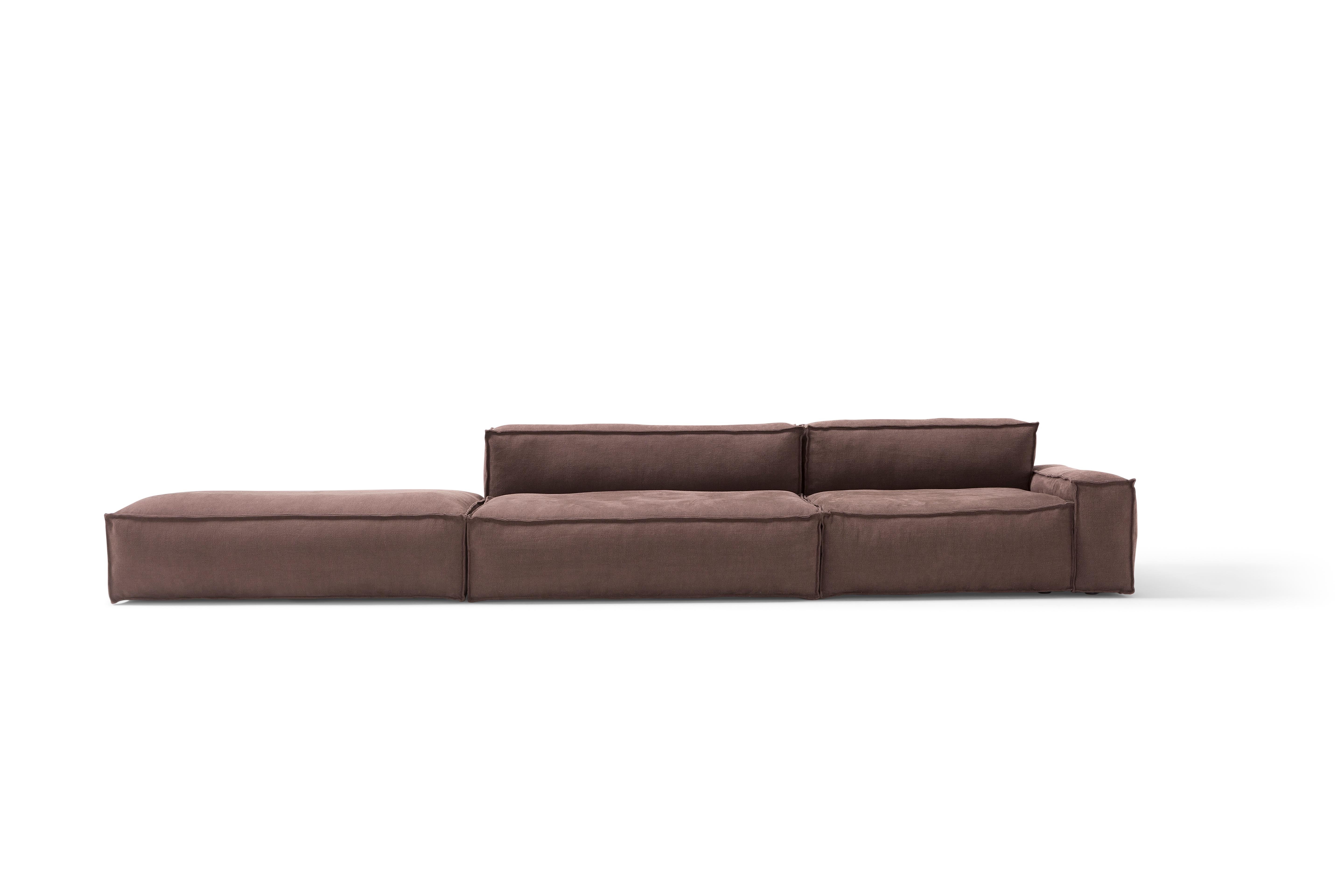 Linamore Davis Fabric Sofa Composition by Amura Lab
Dimensions: W 432 x D 100 x H 67 cm
Materials: FRAME: solid wood and multiply. SUSPENSIONS: rubber and polypropylene belts. REMOVABLE PARTS: fully slipcover. SEAT, BACK and ARMRESTS: polyurethane