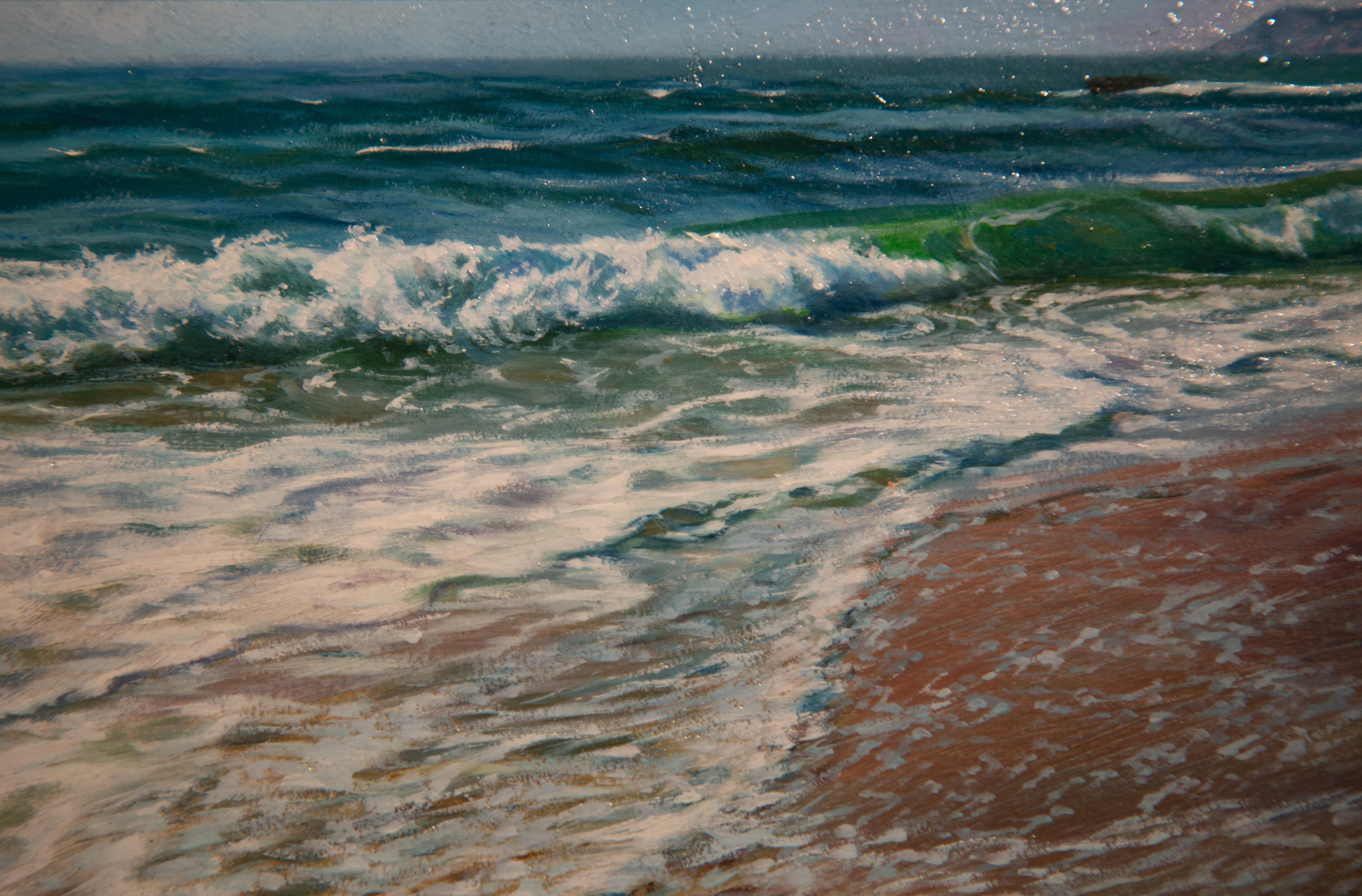 'Glistening Tide' Contemporary seascape painting of the beach, waves, blue - Painting by LINARES
