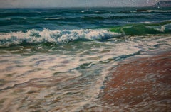 'Glistening Tide' Contemporary seascape painting of the beach, waves, blue