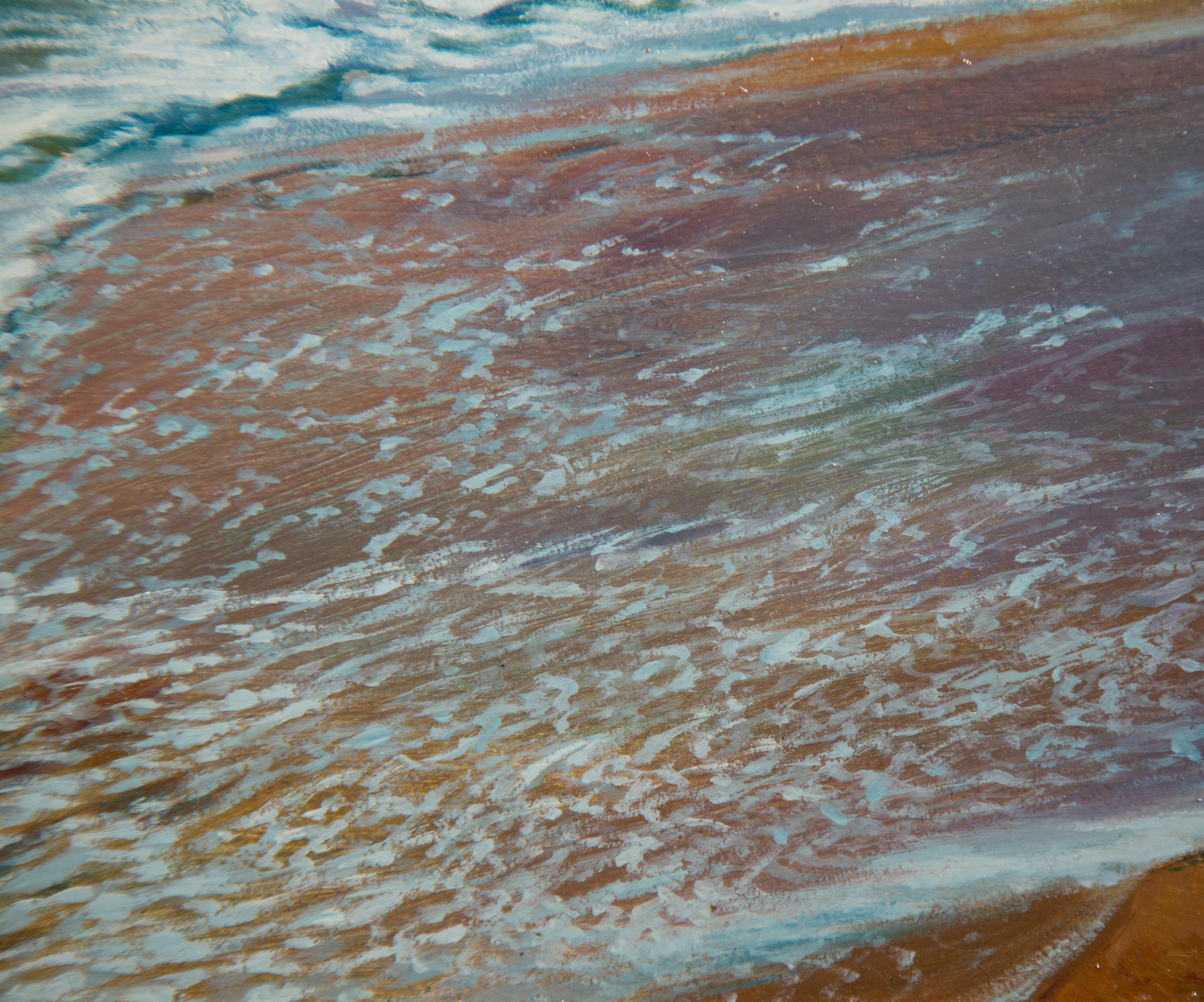 'Glistening Tide' Contemporary seascape painting of the beach, waves, blue - Photorealist Painting by LINARES