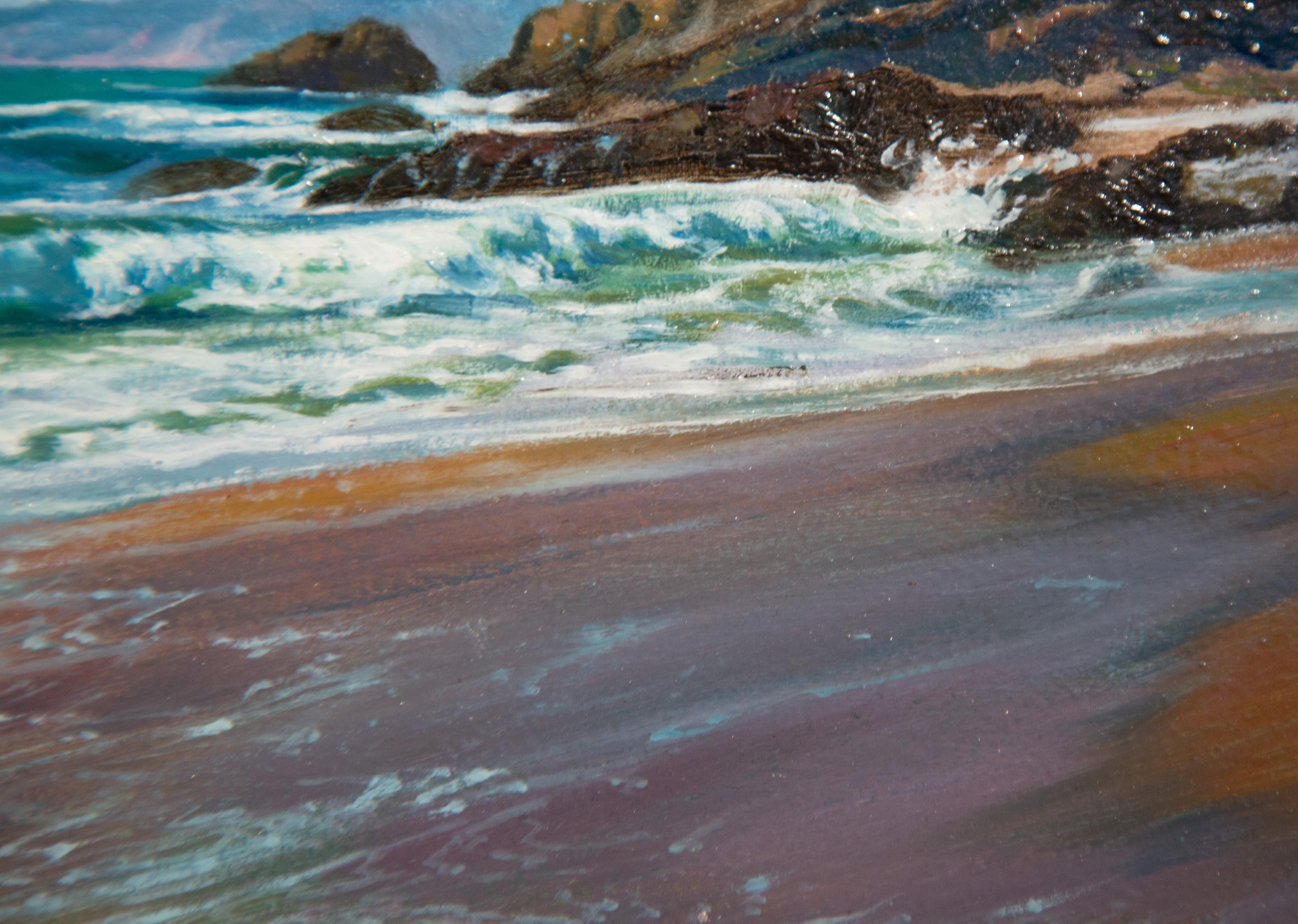 'Glistening Tide' Contemporary seascape painting of the beach, waves, blue For Sale 1