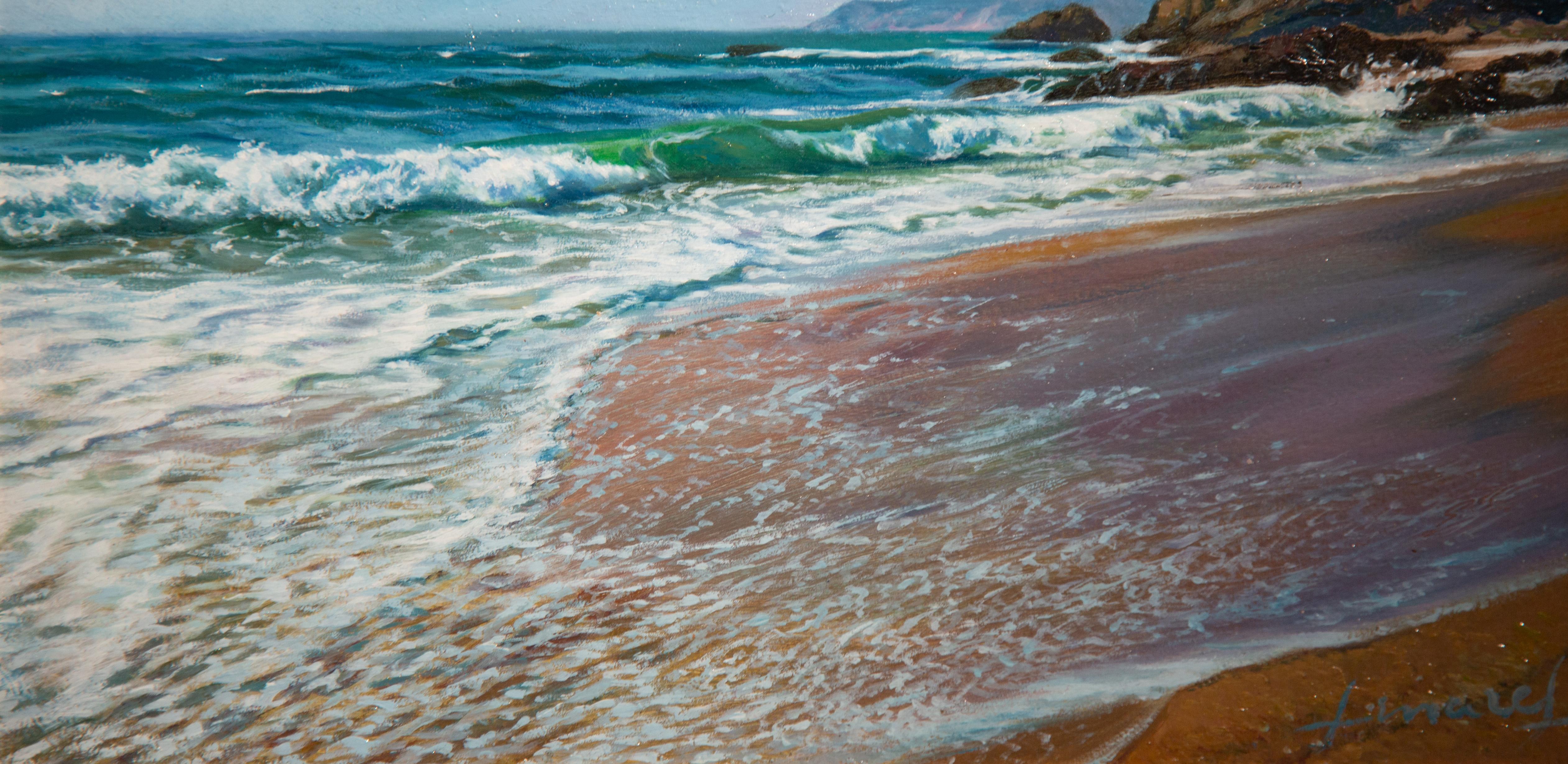 'Glistening Tide' Contemporary seascape painting of the beach, waves, blue For Sale 2