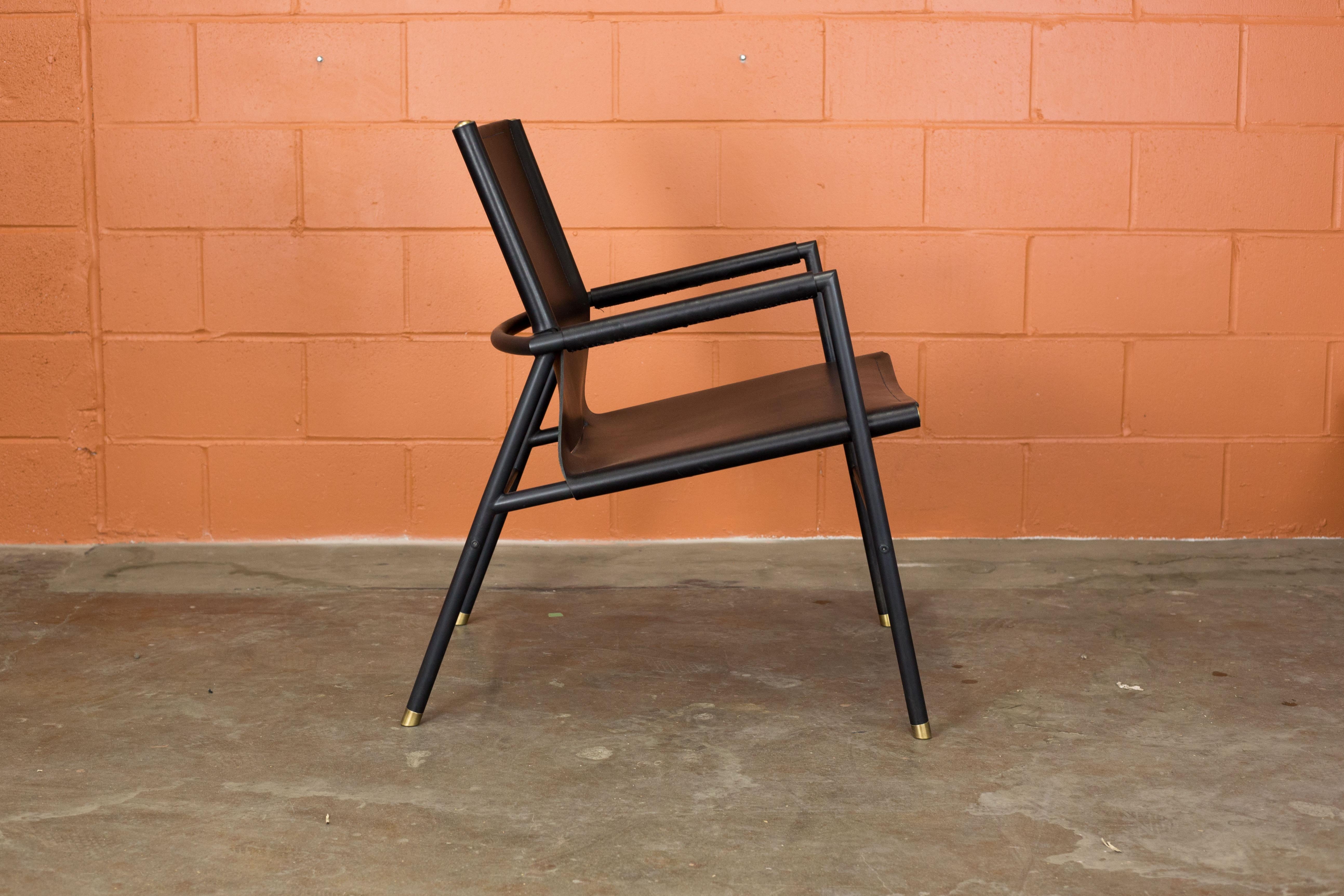Modern Lincoln Lounge Chair in Blackened Oiled Steel and Full Grain Leather For Sale