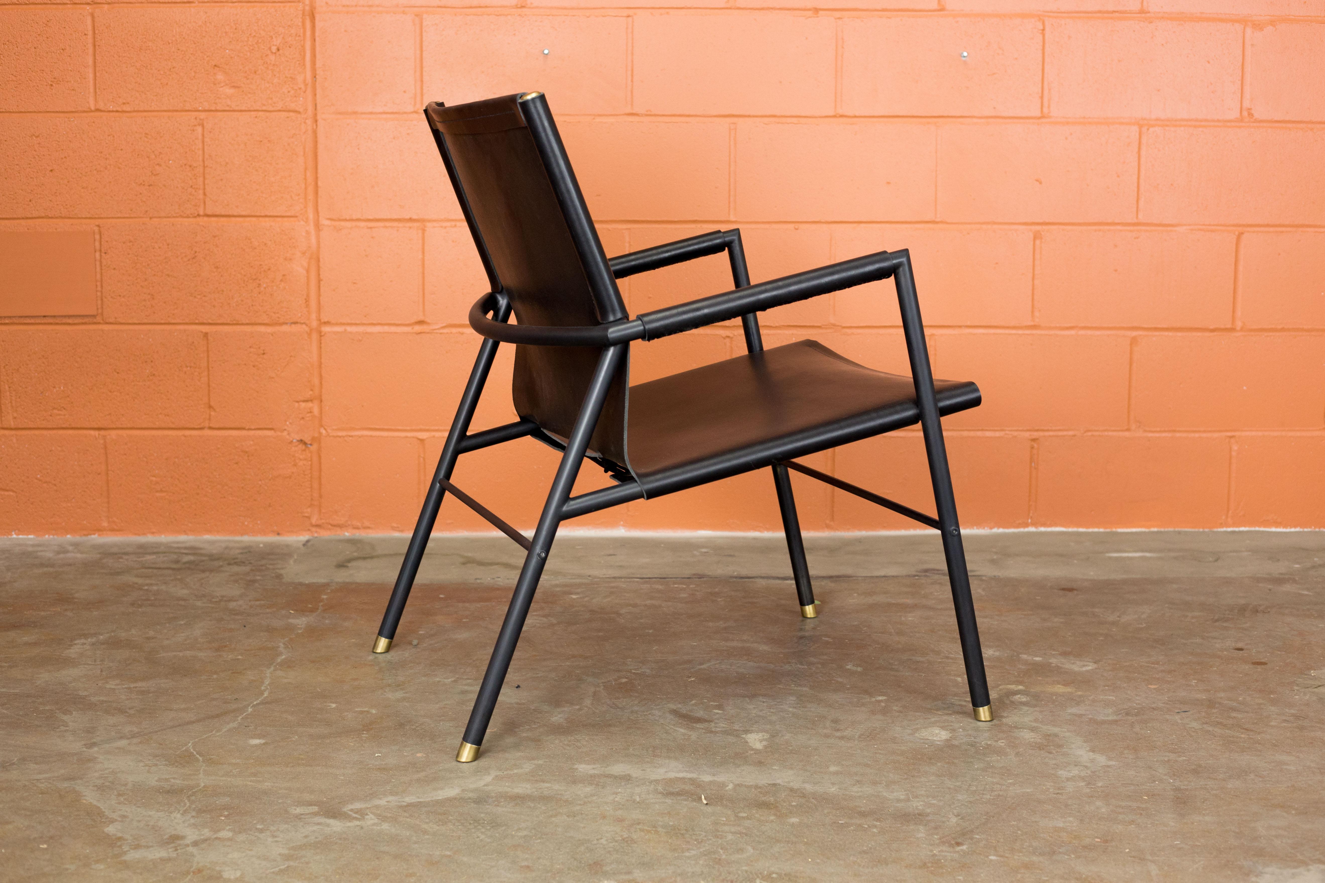 Hand-Crafted Lincoln Lounge Chair in Blackened Oiled Steel and Full Grain Leather For Sale