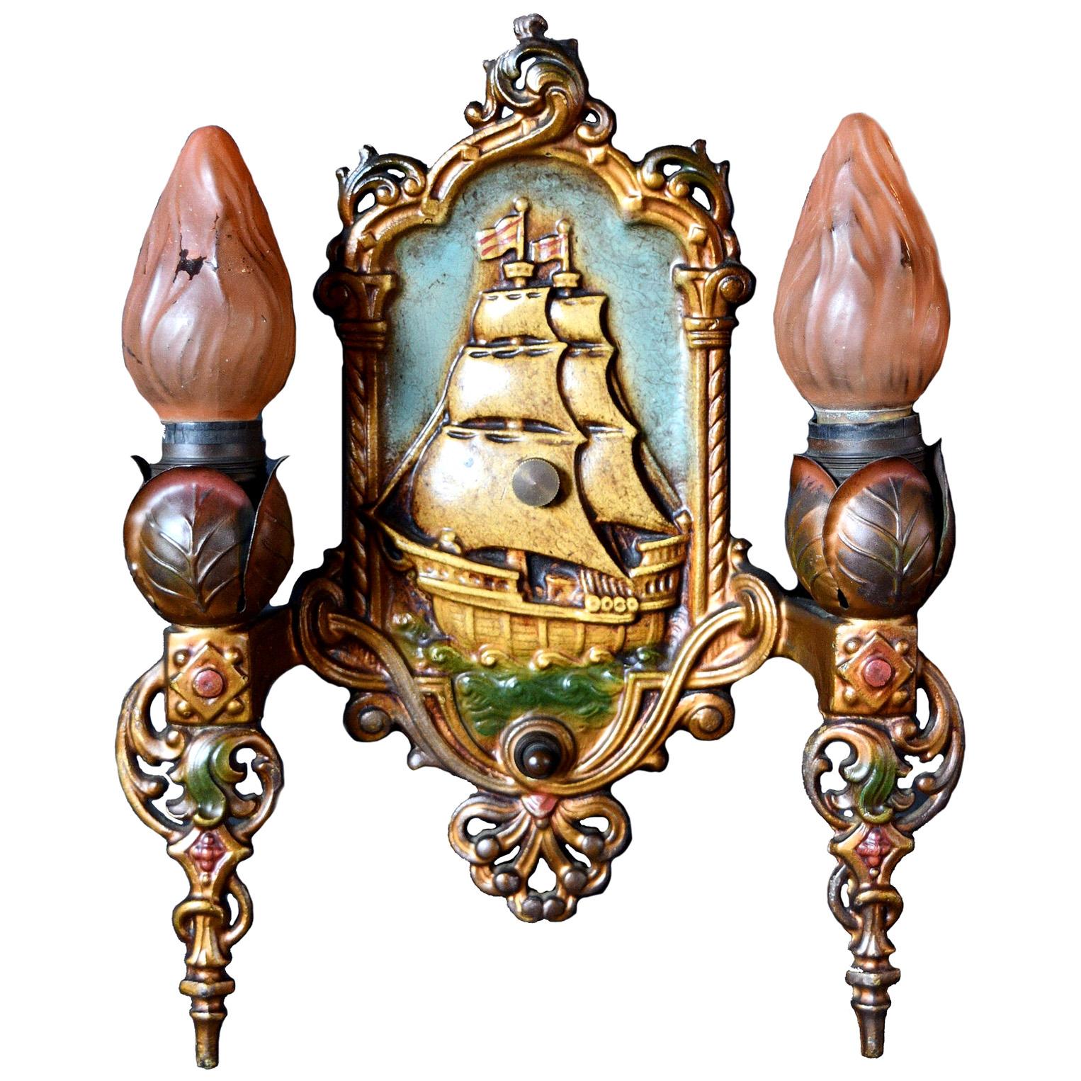 Lincoln Polychrome Two-Light Sconce with Ship For Sale