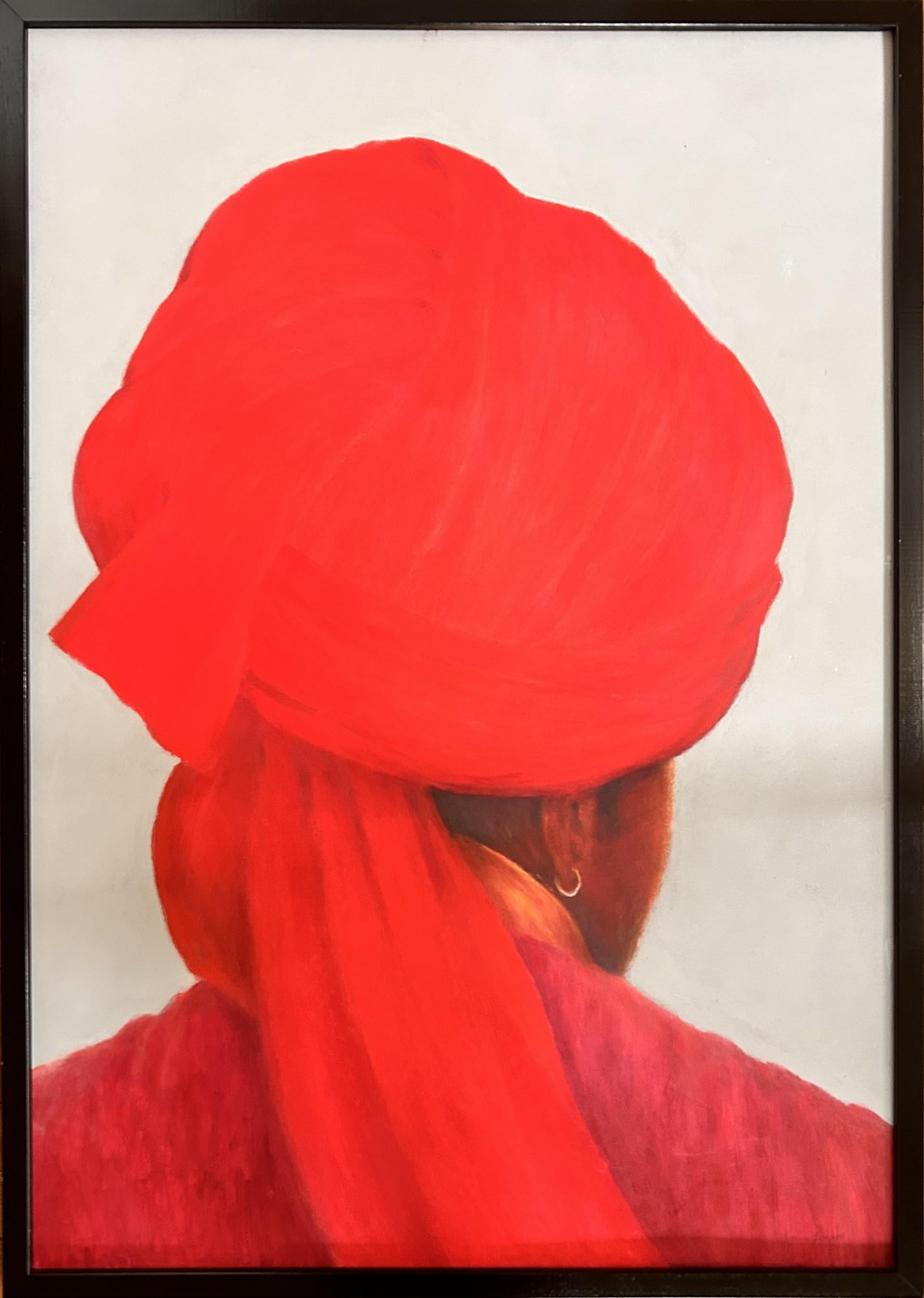Grande turbante rosso, Lincoln Seligman, India, Acrilico, Vibrante, Tradizionale, Abbigliamento