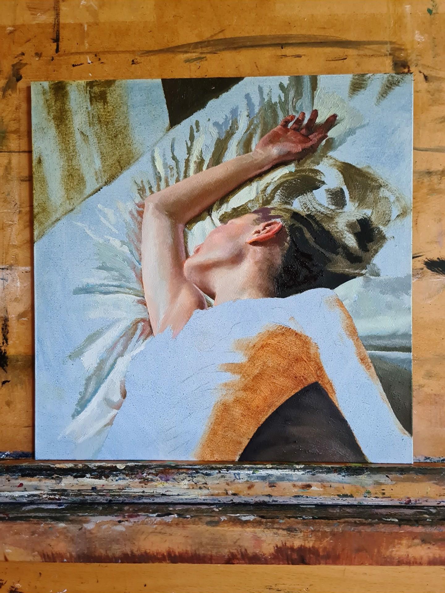 Solitudine I - Figurative Painting Grigio di Linda Delahaye