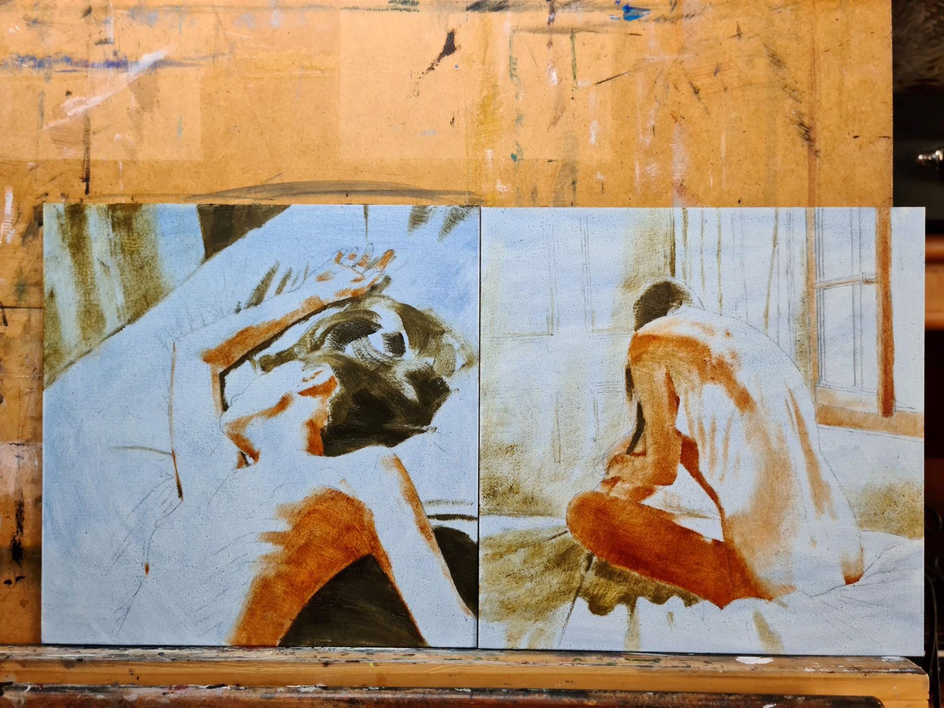 Solitudine II - Figurative Painting Grigio di Linda Delahaye