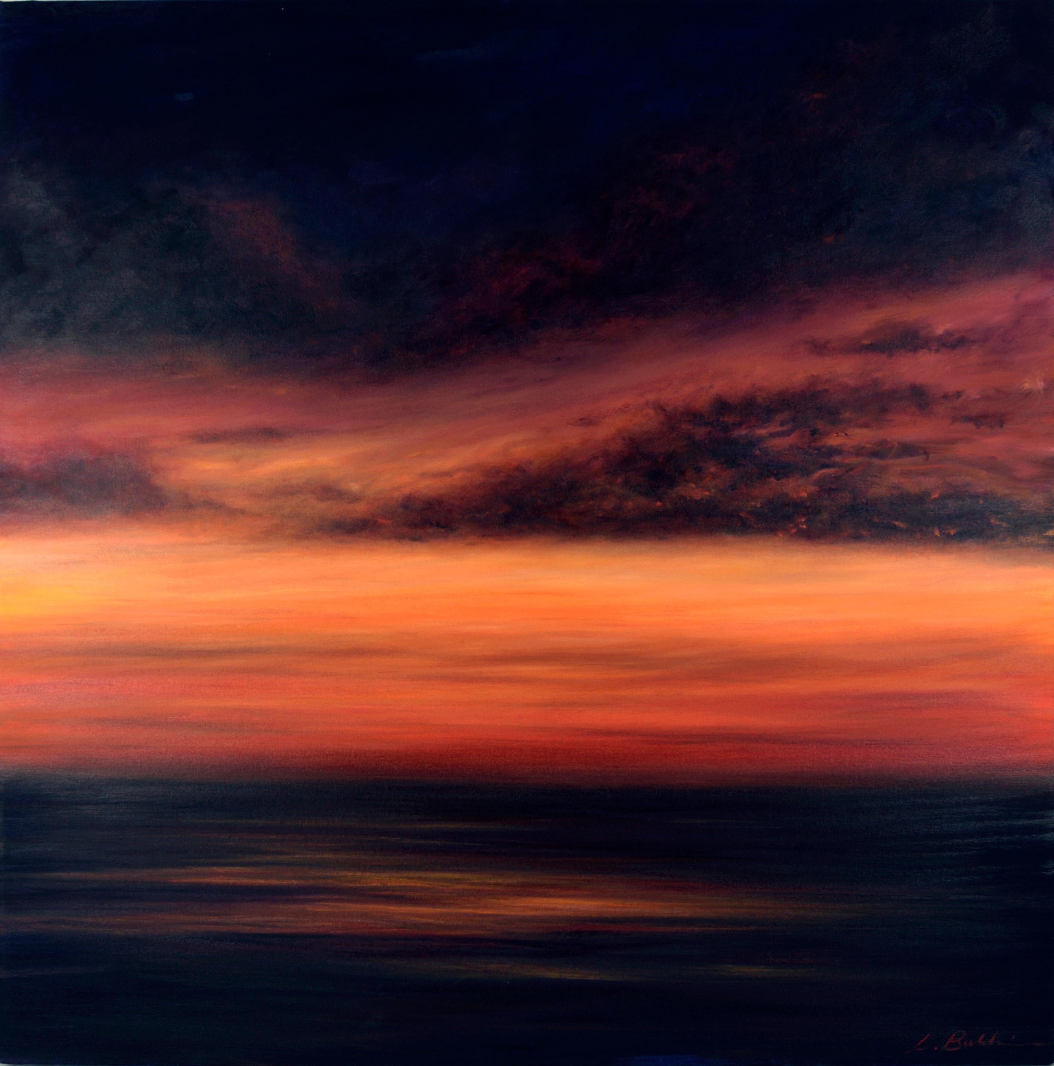 Puesta de sol sobre el mar, pintura acrílica a gran escala, firmada, 36x36 pulg.